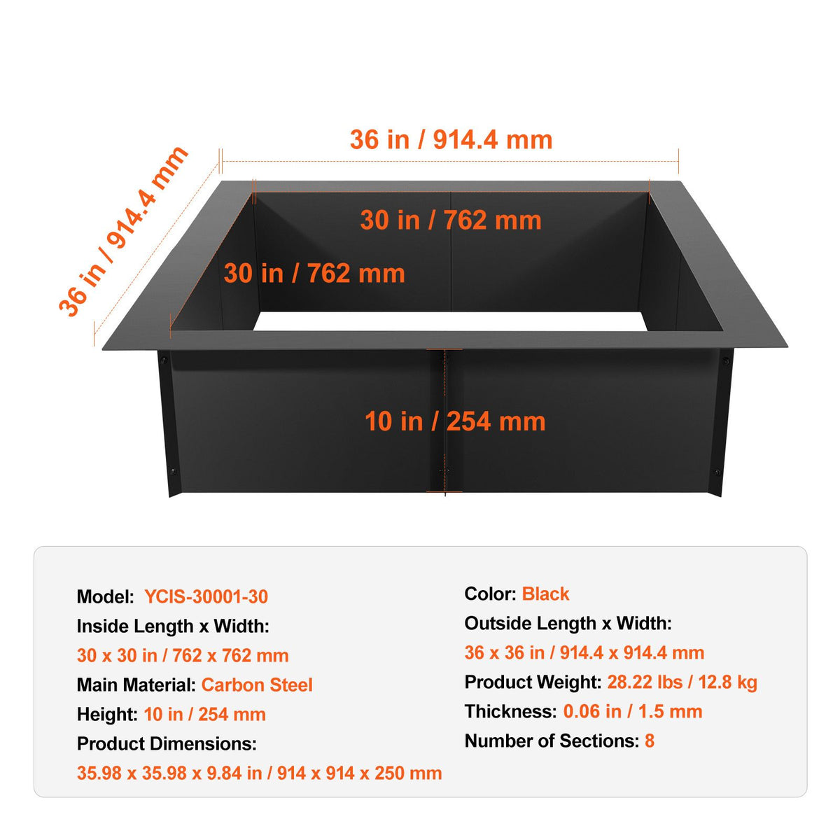 Fire Pit Ring, 36x36 in Outer/30x30 in Inner Diameter, 10inch Height Square Fire Pit Insert, Heavy Duty Carbon Steel Liner DIY Campfire Ring above or In-Ground, for Outdoor Camping, Bonfires