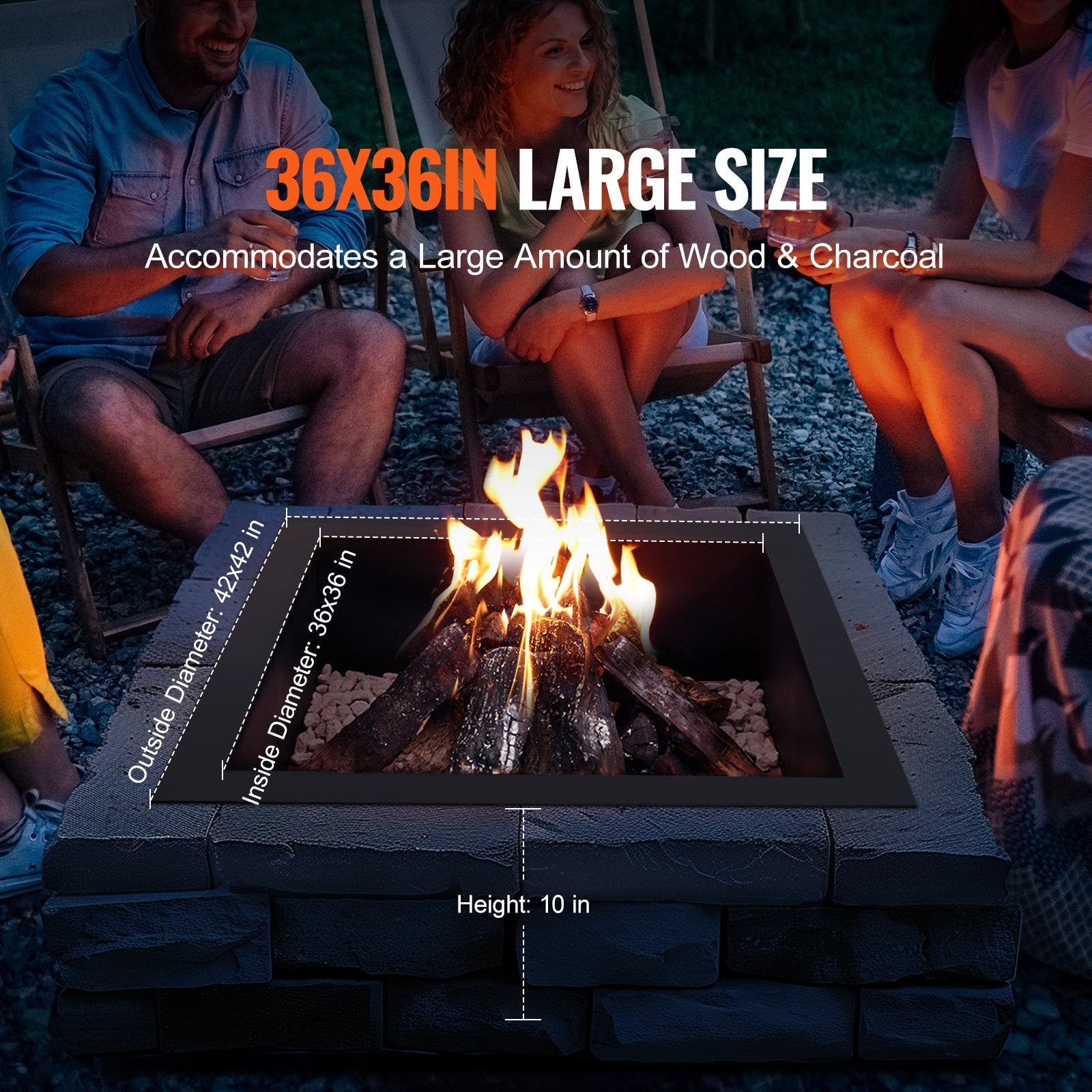 Canopies & Gazebos: VEVOR Fire Pit Ring, 42x42 in Outer/36x36 in Inner Diameter, 10inch Height Square Fire Pit Insert, Heavy Duty Carbon Steel Liner DIY Campfire Ring above or In-Ground, for Outdoor Camping, Bonfires