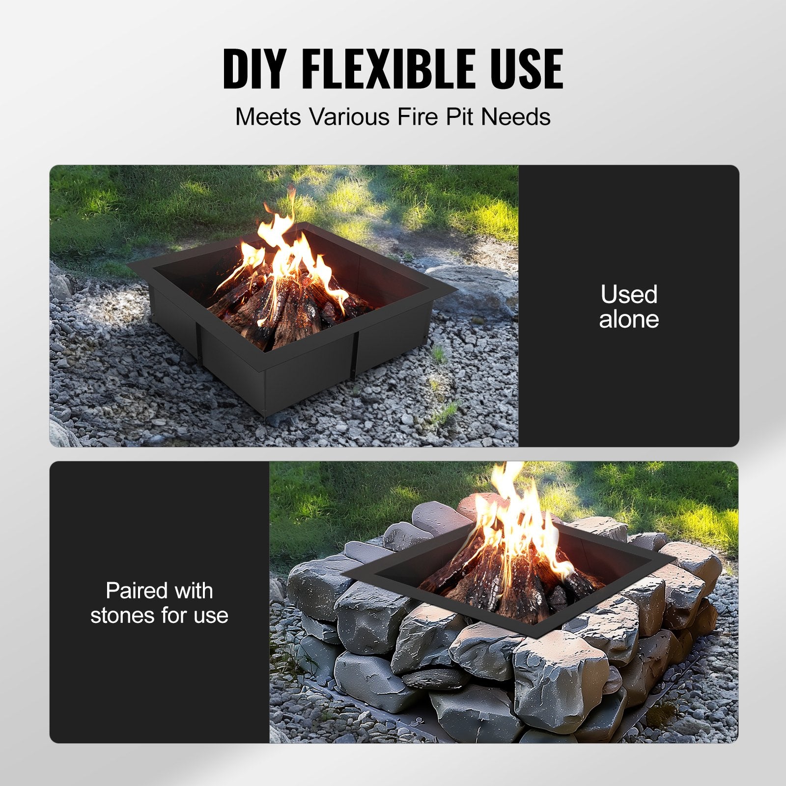 Canopies & Gazebos: VEVOR Fire Pit Ring, 42x42 in Outer/36x36 in Inner Diameter, 10inch Height Square Fire Pit Insert, Heavy Duty Carbon Steel Liner DIY Campfire Ring above or In-Ground, for Outdoor Camping, Bonfires