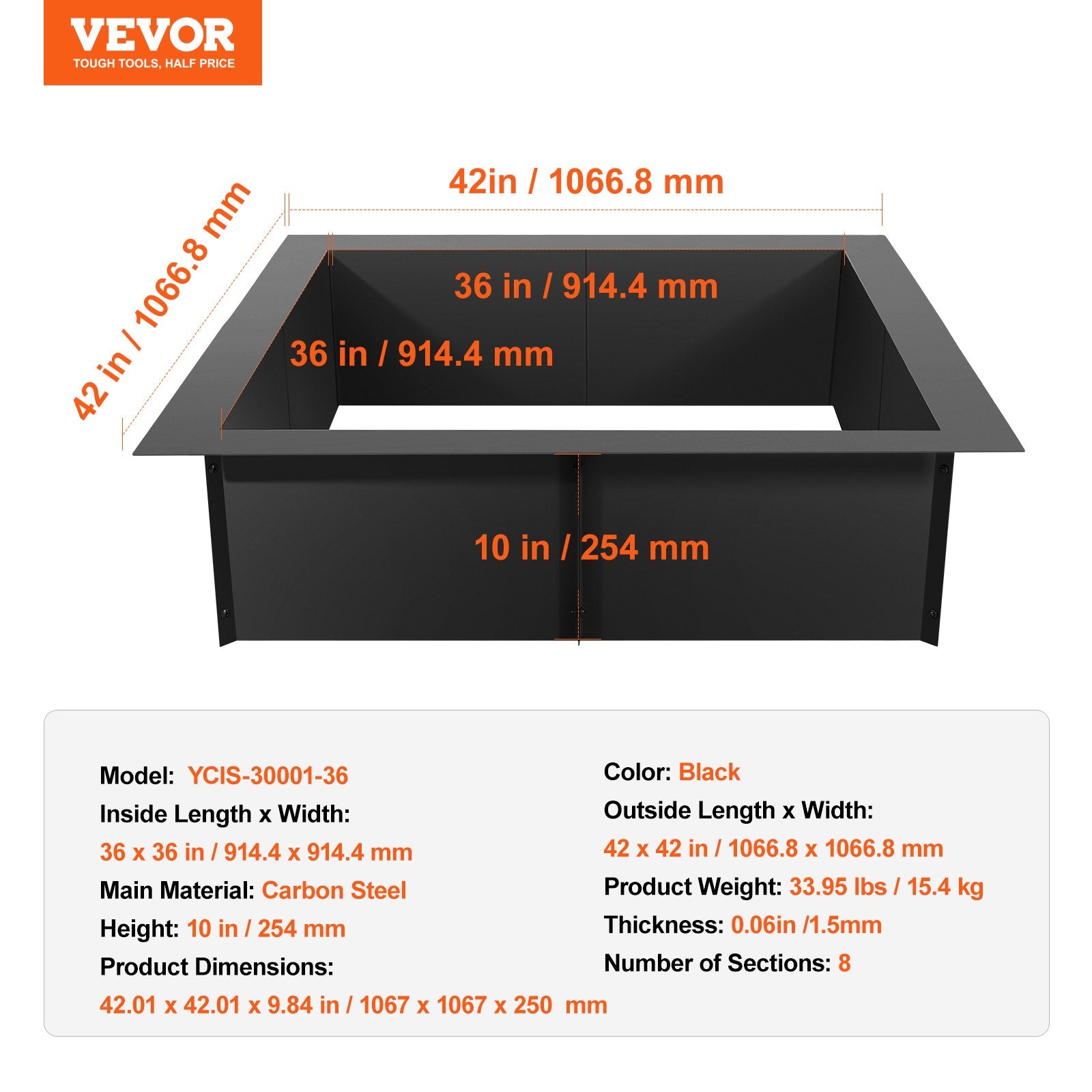 Canopies & Gazebos: VEVOR Fire Pit Ring, 42x42 in Outer/36x36 in Inner Diameter, 10inch Height Square Fire Pit Insert, Heavy Duty Carbon Steel Liner DIY Campfire Ring above or In-Ground, for Outdoor Camping, Bonfires