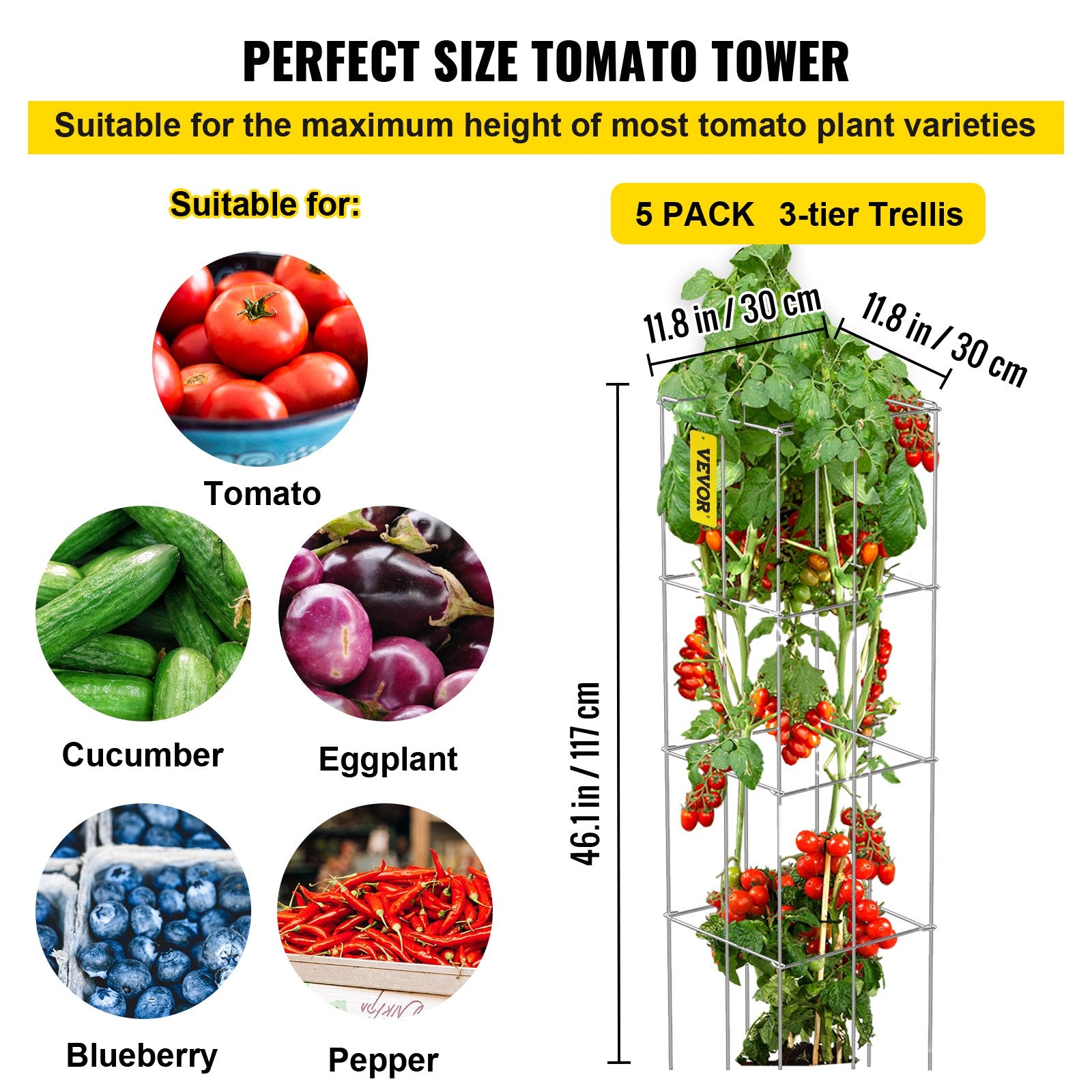 Gardening Tools: VEVOR Tomato Cages, 30 x 30 x 117 cm, 5 Packs Square Plant Support Cages, Silver PVC-Coated Steel Tomato Towers for Climbing Vegetables, Plants, Flowers, Fruits