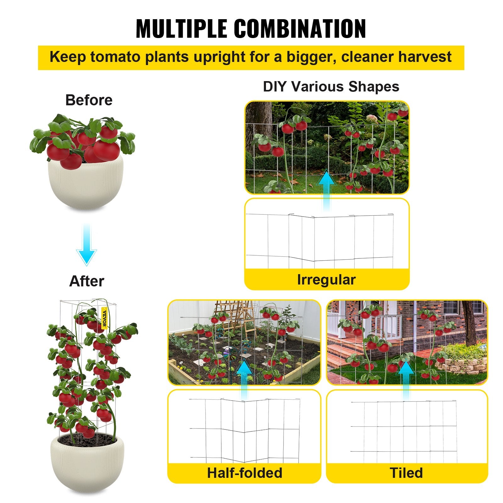 Gardening Tools: VEVOR Tomato Cages, 30 x 30 x 117 cm, 5 Packs Square Plant Support Cages, Silver PVC-Coated Steel Tomato Towers for Climbing Vegetables, Plants, Flowers, Fruits