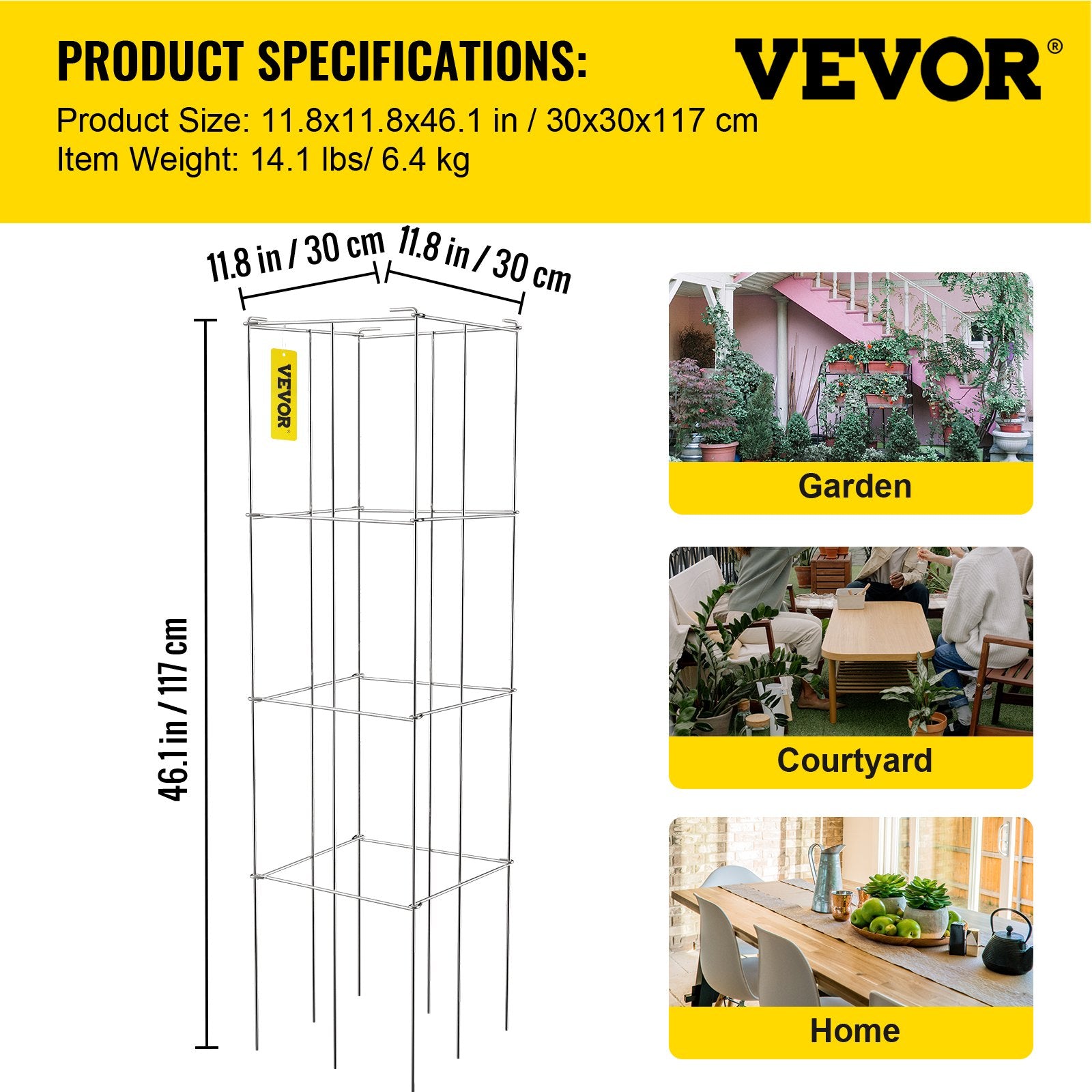 Gardening Tools: VEVOR Tomato Cages, 30 x 30 x 117 cm, 5 Packs Square Plant Support Cages, Silver PVC-Coated Steel Tomato Towers for Climbing Vegetables, Plants, Flowers, Fruits