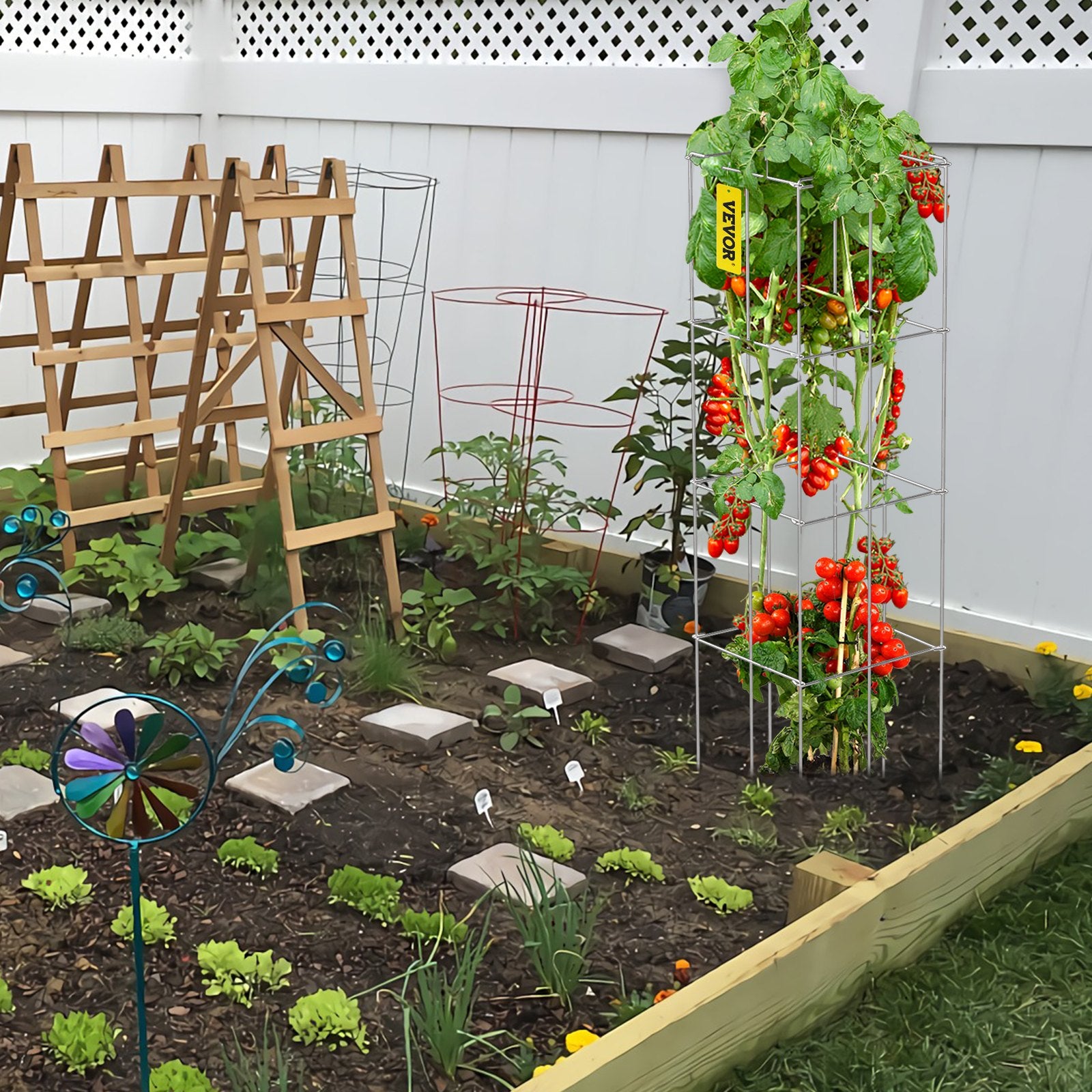Gardening Tools: VEVOR Tomato Cages, 30 x 30 x 117 cm, 5 Packs Square Plant Support Cages, Silver PVC-Coated Steel Tomato Towers for Climbing Vegetables, Plants, Flowers, Fruits