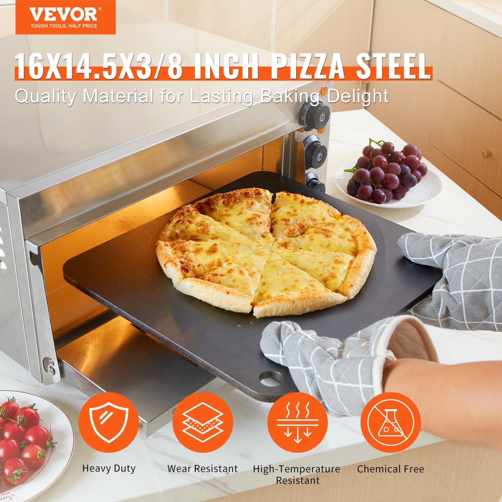 Bakeware & Accessories: VEVOR Pizza Steel, 16" x 14.5" x 3/8" Pizza Steel Plate for Oven, Pre-Seasoned Carbon Steel Pizza Baking Stone with 20X Higher Conductivity, Heavy Duty Pizza Pan for Outdoor Grill, Indoor Oven