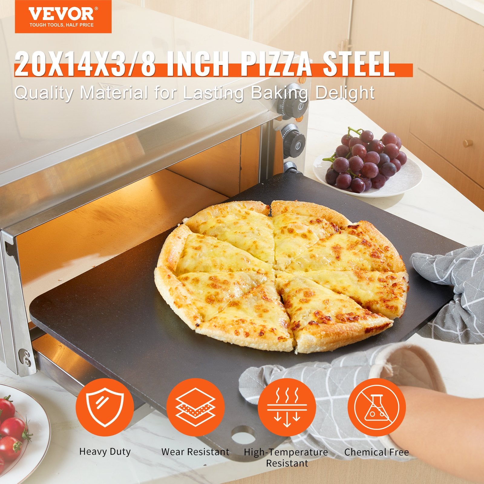 Kitchen & Bathroom DIY: VEVOR Pizza Steel, 20" x 14" x 3/8" Pizza Steel Plate for Oven, Pre-Seasoned Carbon Steel Pizza Baking Stone with 20X Higher Conductivity, Heavy Duty Rustproof Pizza Pan for Outdoor Grill, Indoor Oven