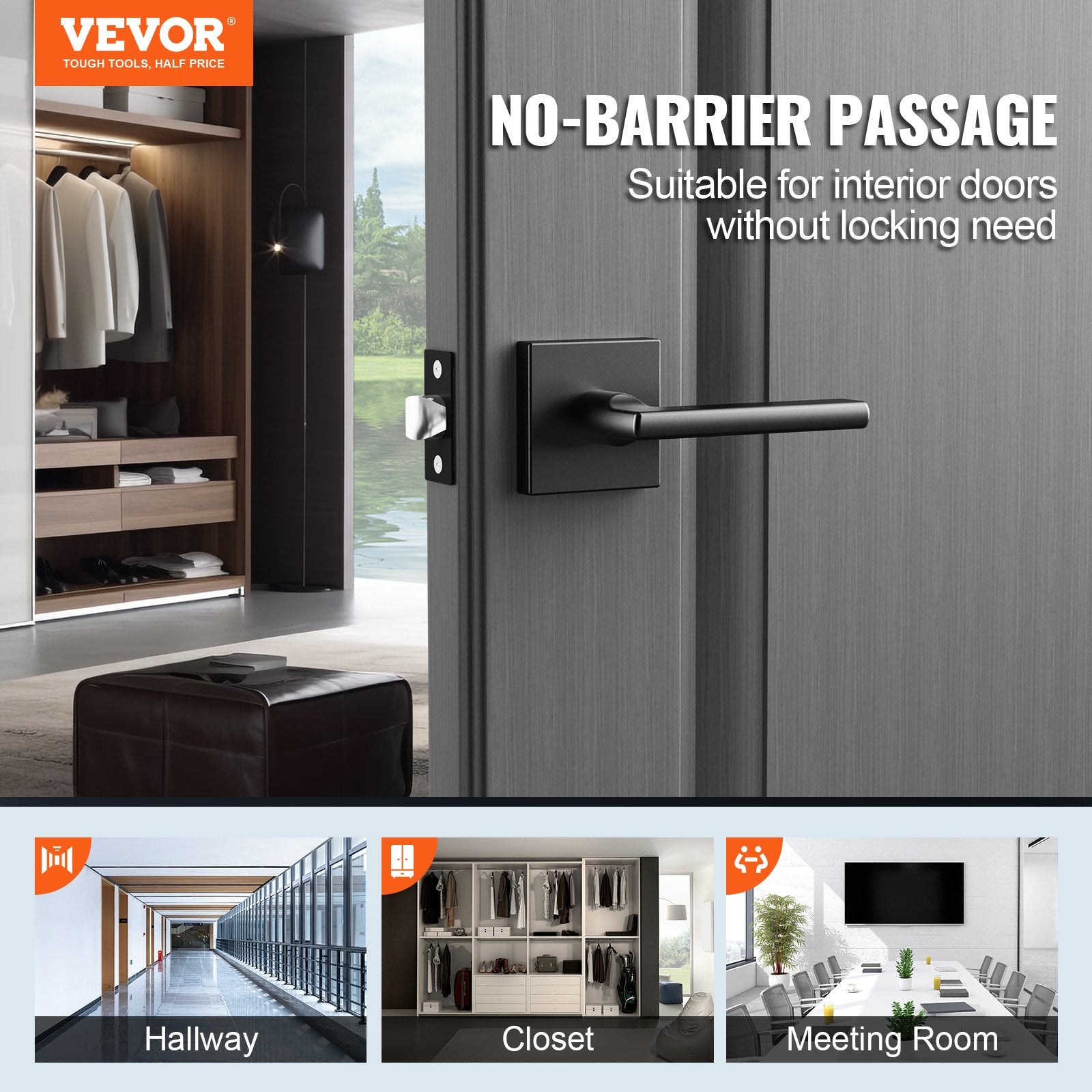 Door Hardware: VEVOR Passage Door Handle, 1 Pack Matte Black Door Lever, Left or Right Handing Reversible Lever Non-Locking, Rotation to Open, Square Interior Door Handles for Hallways, Closets, Meeting Spaces