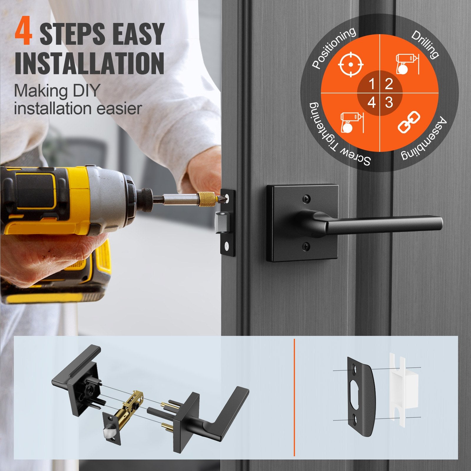 Door Hardware: VEVOR Passage Door Handle, 1 Pack Matte Black Door Lever, Left or Right Handing Reversible Lever Non-Locking, Rotation to Open, Square Interior Door Handles for Hallways, Closets, Meeting Spaces