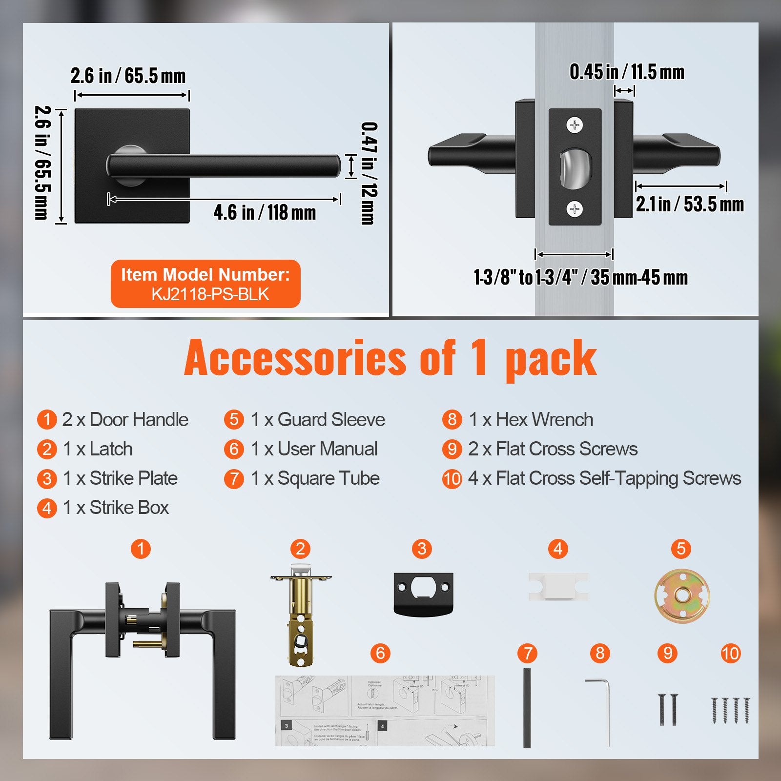 Door Hardware: VEVOR Passage Door Handle, 1 Pack Matte Black Door Lever, Left or Right Handing Reversible Lever Non-Locking, Rotation to Open, Square Interior Door Handles for Hallways, Closets, Meeting Spaces