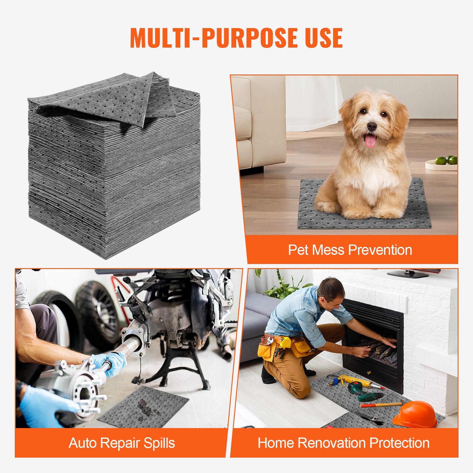 Dog Training Aids: VEVOR Spill Absorbent Pads, Universal Absorbing Mat Absorbs up 12 Gal, 13" L x10" W Polypropylene Absorbent Pad for Oil, Water and Other Liquids, Pack of 100