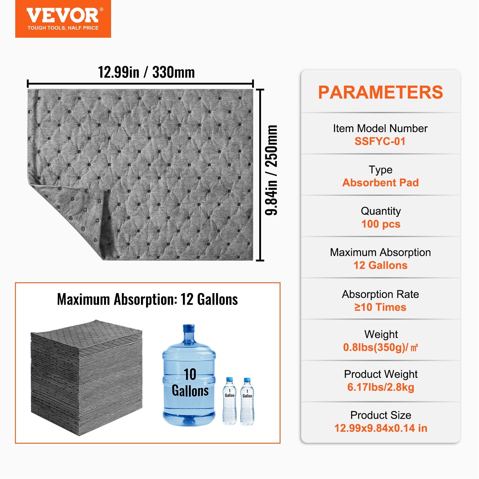 Dog Training Aids: VEVOR Spill Absorbent Pads, Universal Absorbing Mat Absorbs up 12 Gal, 13" L x10" W Polypropylene Absorbent Pad for Oil, Water and Other Liquids, Pack of 100
