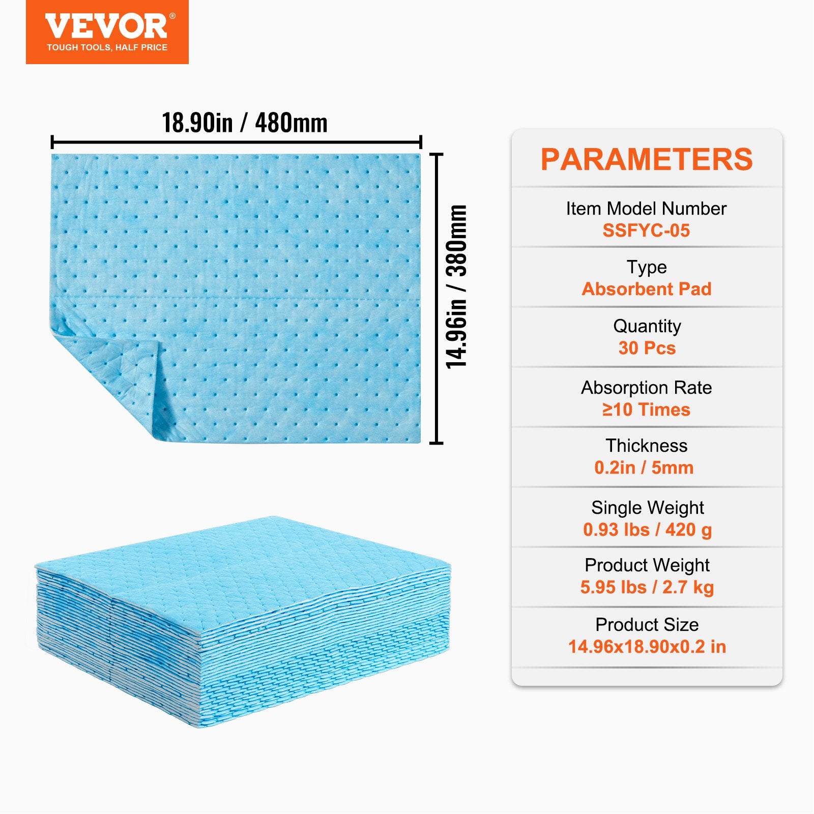 Food Storage: VEVOR Spill Absorbent Pads, Water Absorbing Mat Pad in Dispenser Box, 6 Gal Capacity, 15" L x19" W Polypropylene Absorbent Pad for Water, 30 pcs per Box