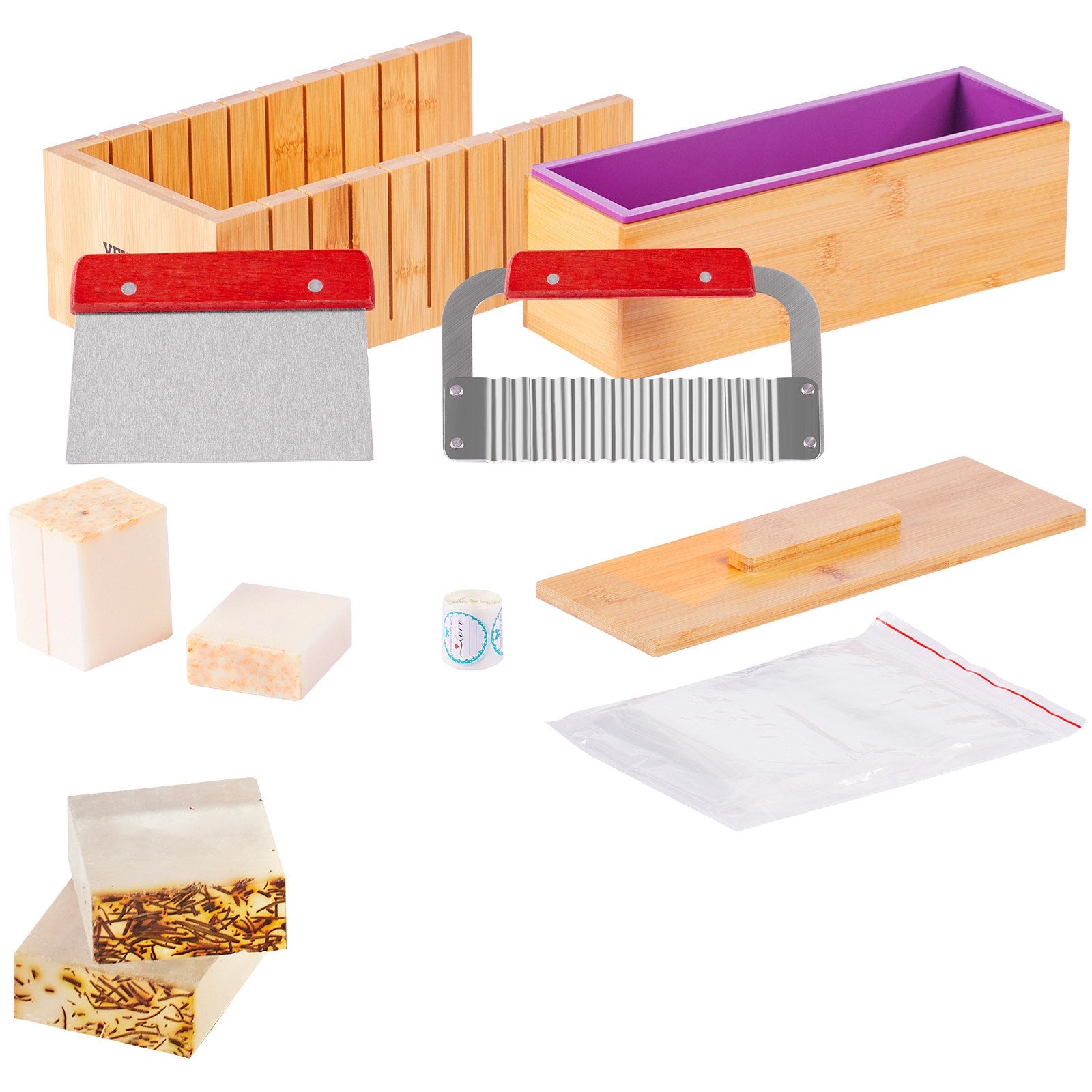 Food Storage: VEVOR Soap Making Kit, Bamboo Cutting Box and Inner Box with Silicone Mold, Stainless Steel Straight Cutter and Wavy Cutter, 100 Bags and 105 Stickers, Soap Making Supplies DIY Kits for Adults