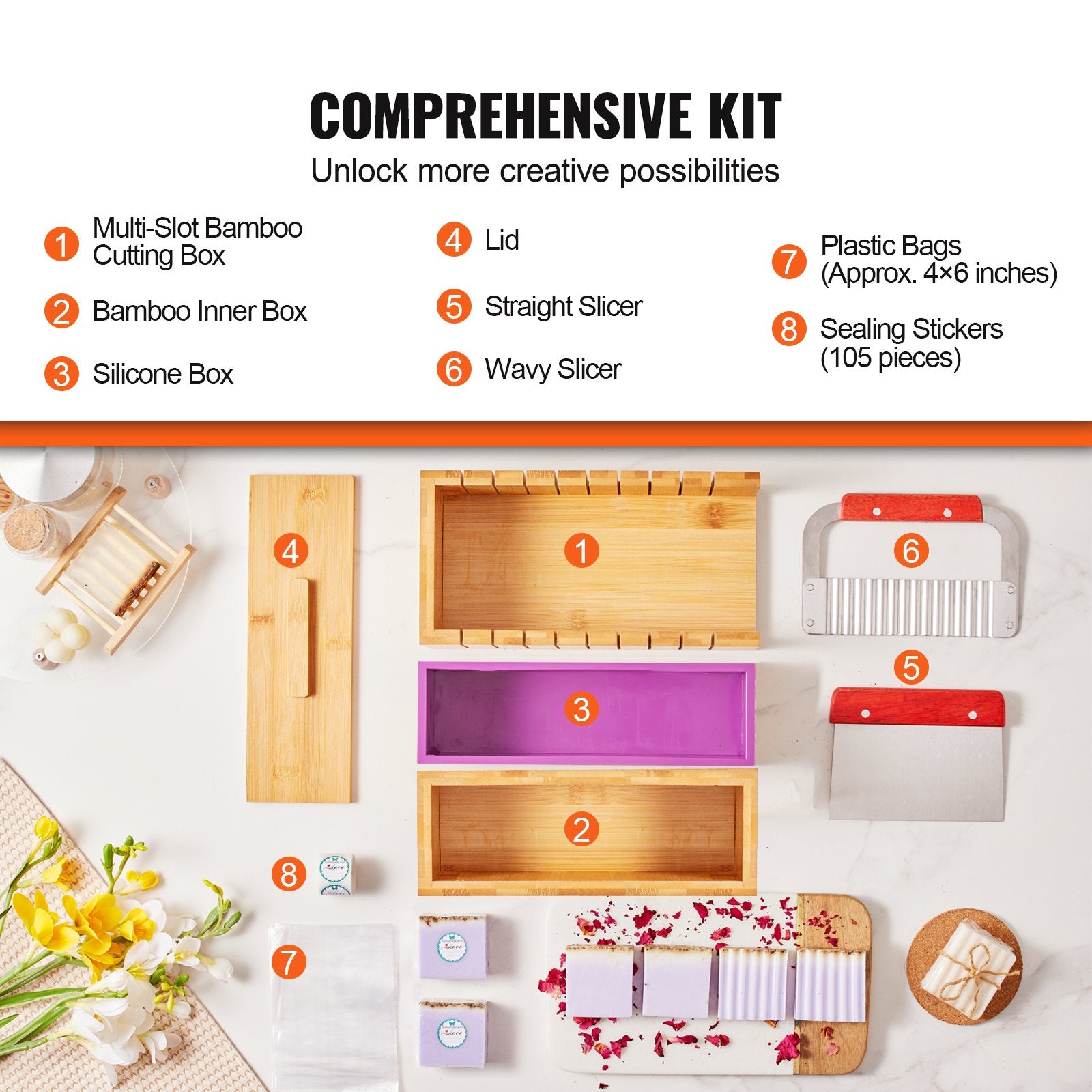 Food Storage: VEVOR Soap Making Kit, Bamboo Cutting Box and Inner Box with Silicone Mold, Stainless Steel Straight Cutter and Wavy Cutter, 100 Bags and 105 Stickers, Soap Making Supplies DIY Kits for Adults