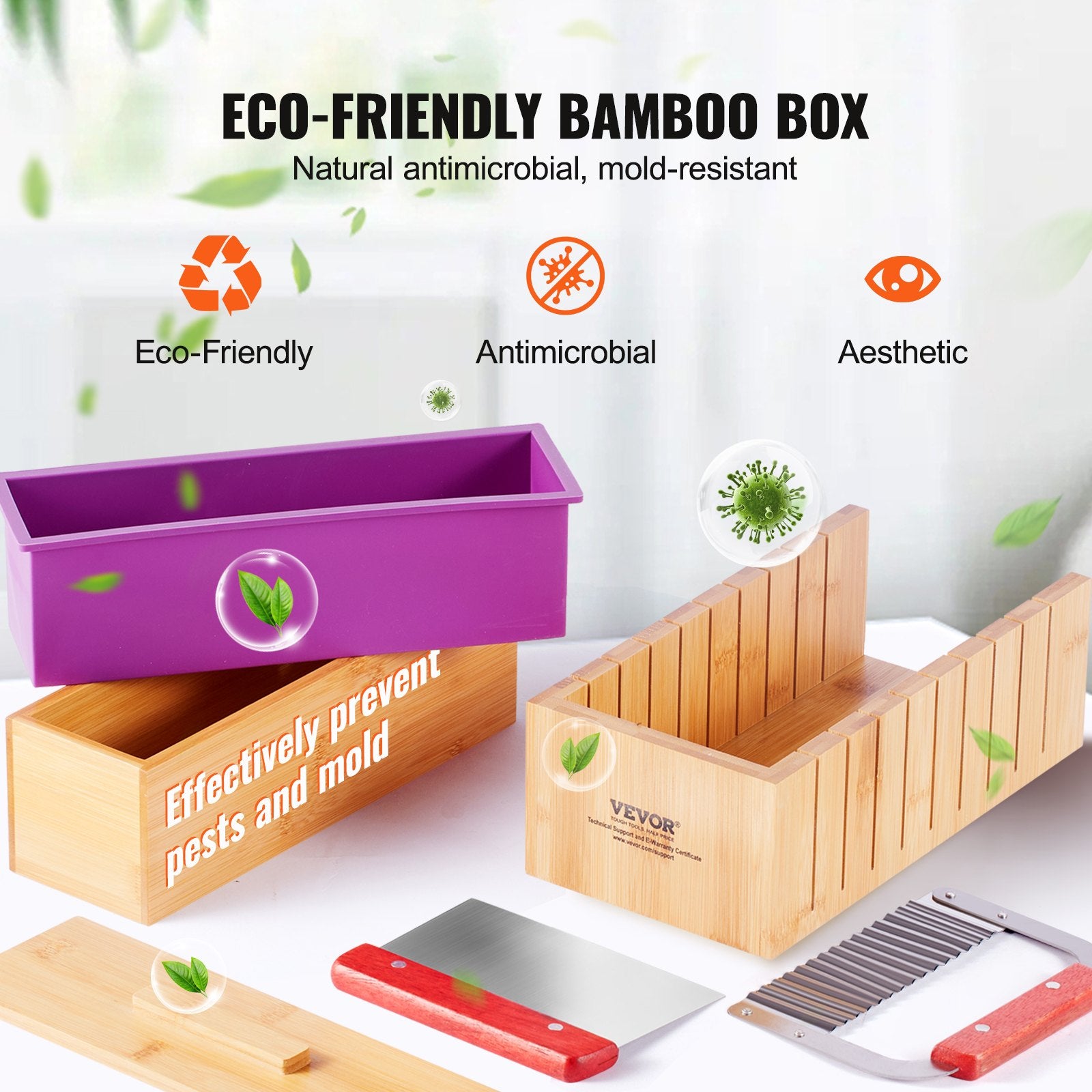 Food Storage: VEVOR Soap Making Kit, Bamboo Cutting Box and Inner Box with Silicone Mold, Stainless Steel Straight Cutter and Wavy Cutter, 100 Bags and 105 Stickers, Soap Making Supplies DIY Kits for Adults