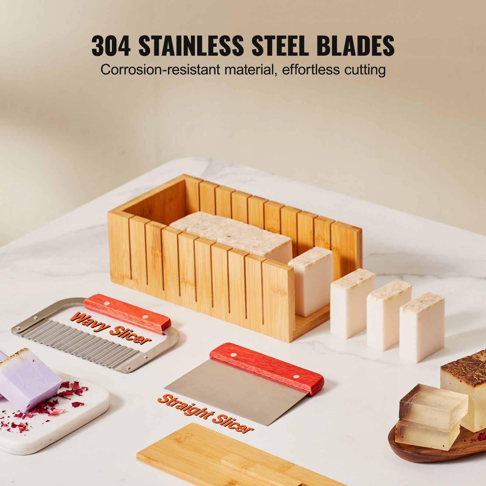 Food Storage: VEVOR Soap Making Kit, Bamboo Cutting Box and Inner Box with Silicone Mold, Stainless Steel Straight Cutter and Wavy Cutter, 100 Bags and 105 Stickers, Soap Making Supplies DIY Kits for Adults
