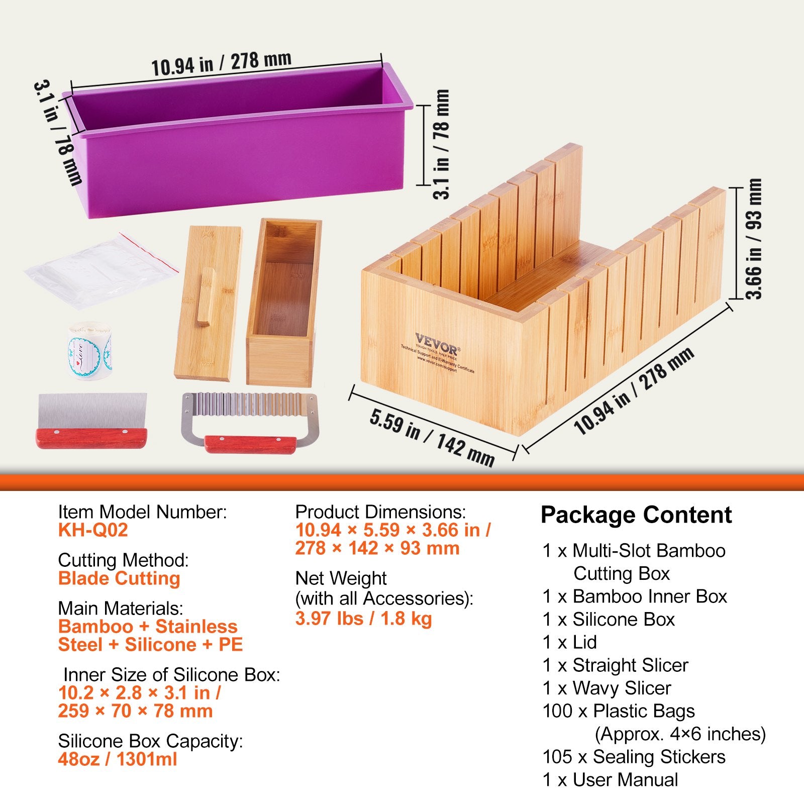 Food Storage: VEVOR Soap Making Kit, Bamboo Cutting Box and Inner Box with Silicone Mold, Stainless Steel Straight Cutter and Wavy Cutter, 100 Bags and 105 Stickers, Soap Making Supplies DIY Kits for Adults