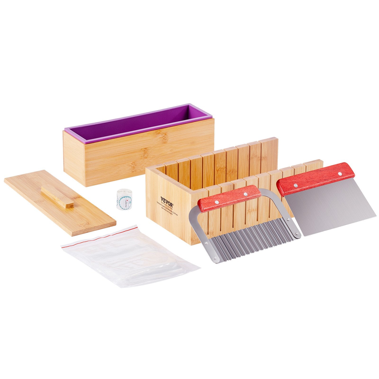 Food Storage: VEVOR Soap Making Kit, Bamboo Cutting Box and Inner Box with Silicone Mold, Stainless Steel Straight Cutter and Wavy Cutter, 100 Bags and 105 Stickers, Soap Making Supplies DIY Kits for Adults