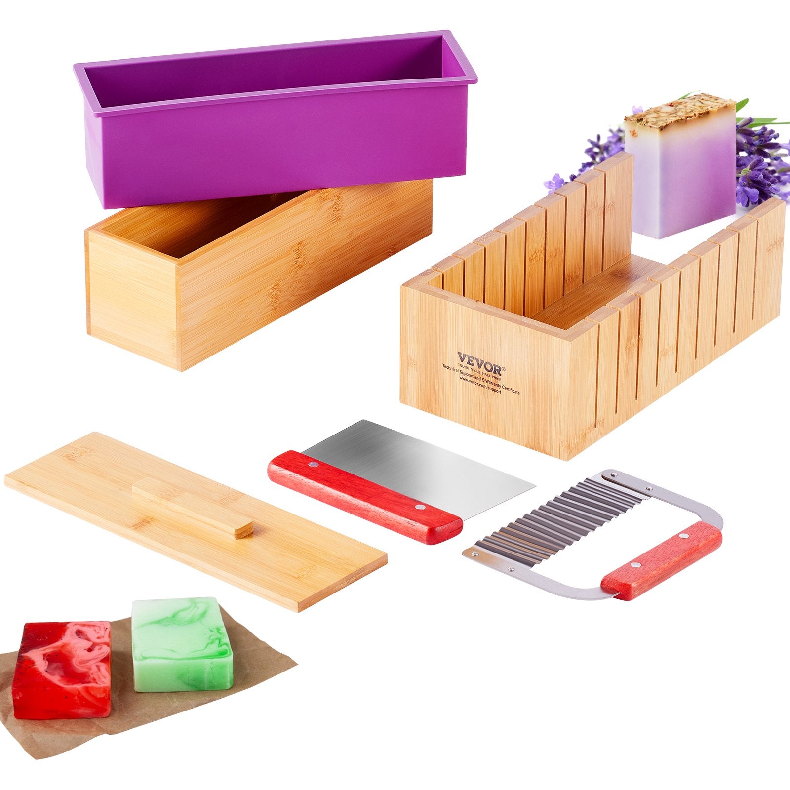 Food Storage: VEVOR Soap Making Kit, Bamboo Cutting Box and Inner Box with Silicone Mold, Stainless Steel Straight Cutter and Wavy Cutter, 100 Bags and 105 Stickers, Soap Making Supplies DIY Kits for Adults