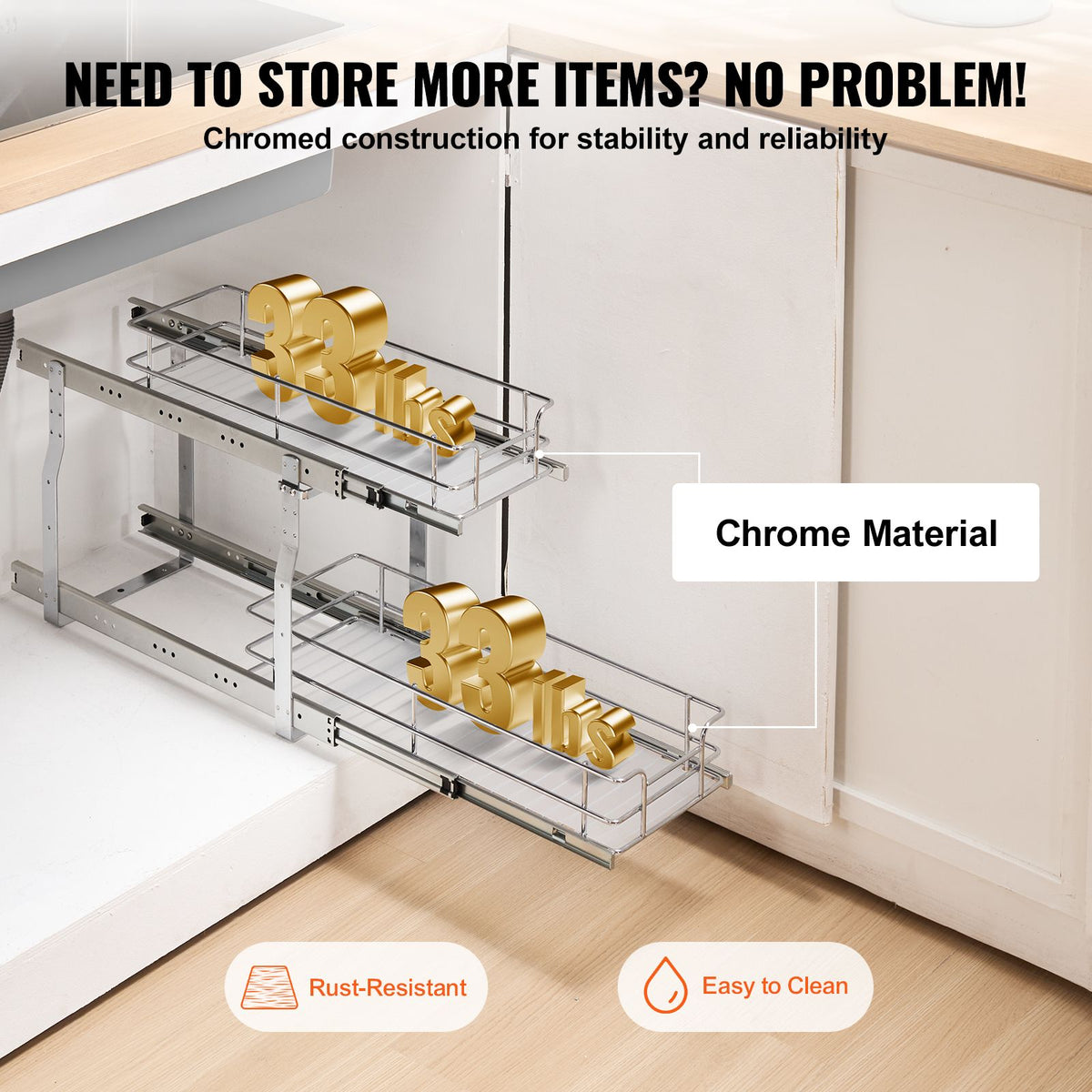 215 x 533 x 385mm  Pull Out Cabinet Organizer, Heavy Duty Slide Out Pantry Shelves, Steel Roll Out Drawers, Sliding Drawer Storage for Home Under Sink, 245 x 563 x 485 mm Install Size for Cabinet