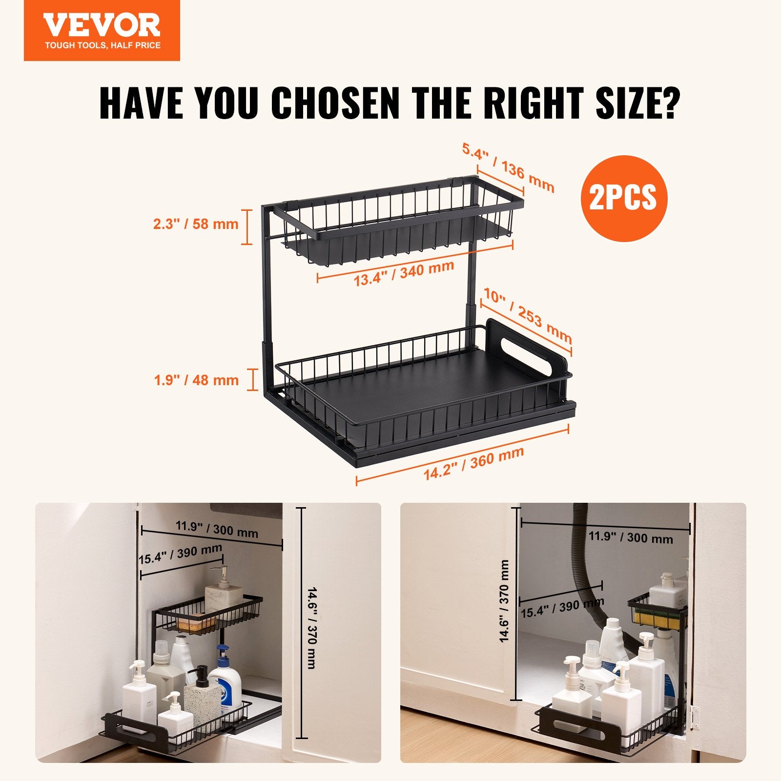 Kitchen & Bathroom DIY: VEVOR 2-Tier Wire Pull Out Cabinet Under Sink Basket Organizer 10.7"x14.2" 2PCS