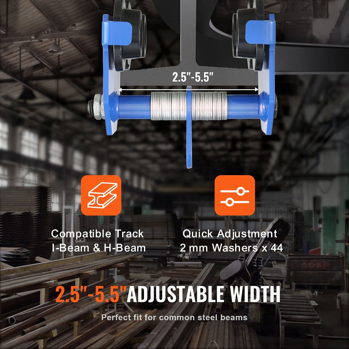 Manual Trolley, 0.5 Ton Load Capacity Push Beam Trolley with Dual Wheels, Adjustable for I-Beam Flange Width 63.5 mm to 139.7 mm, Heavy Duty Alloy Steel Garage Hoist for Straight Curved I Beam
