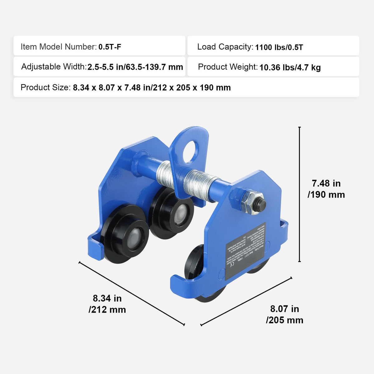 Manual Trolley, 0.5 Ton Load Capacity Push Beam Trolley with Dual Wheels, Adjustable for I-Beam Flange Width 63.5 mm to 139.7 mm, Heavy Duty Alloy Steel Garage Hoist for Straight Curved I Beam