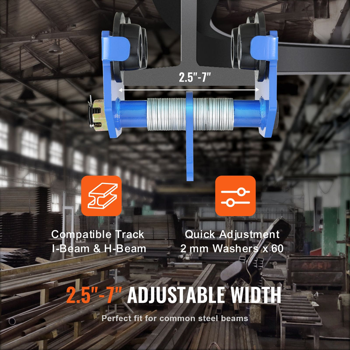 Manual Trolley, 1 Ton Load Capacity, Push Beam Trolley with Dual Wheels, Adjustable for I-Beam Flange Width 63.5 mm to 177.8 mm, Heavy Duty Alloy Steel Garage Hoist for Straight Curved I Beam