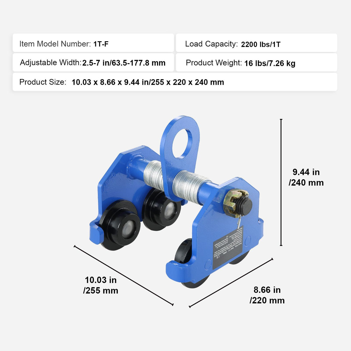 Manual Trolley, 1 Ton Load Capacity, Push Beam Trolley with Dual Wheels, Adjustable for I-Beam Flange Width 63.5 mm to 177.8 mm, Heavy Duty Alloy Steel Garage Hoist for Straight Curved I Beam