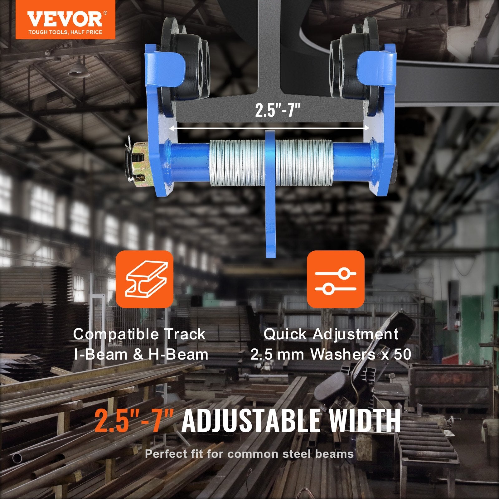 Table Lamps: VEVOR Manual Trolley, 2 Ton Load Capacity, Push Beam Trolley with Dual Wheels, Adjustable for I-Beam Flange Width 63.5 mm to 177.8 mm, Heavy Duty Alloy Steel Garage Hoist for Straight Curved I Beam