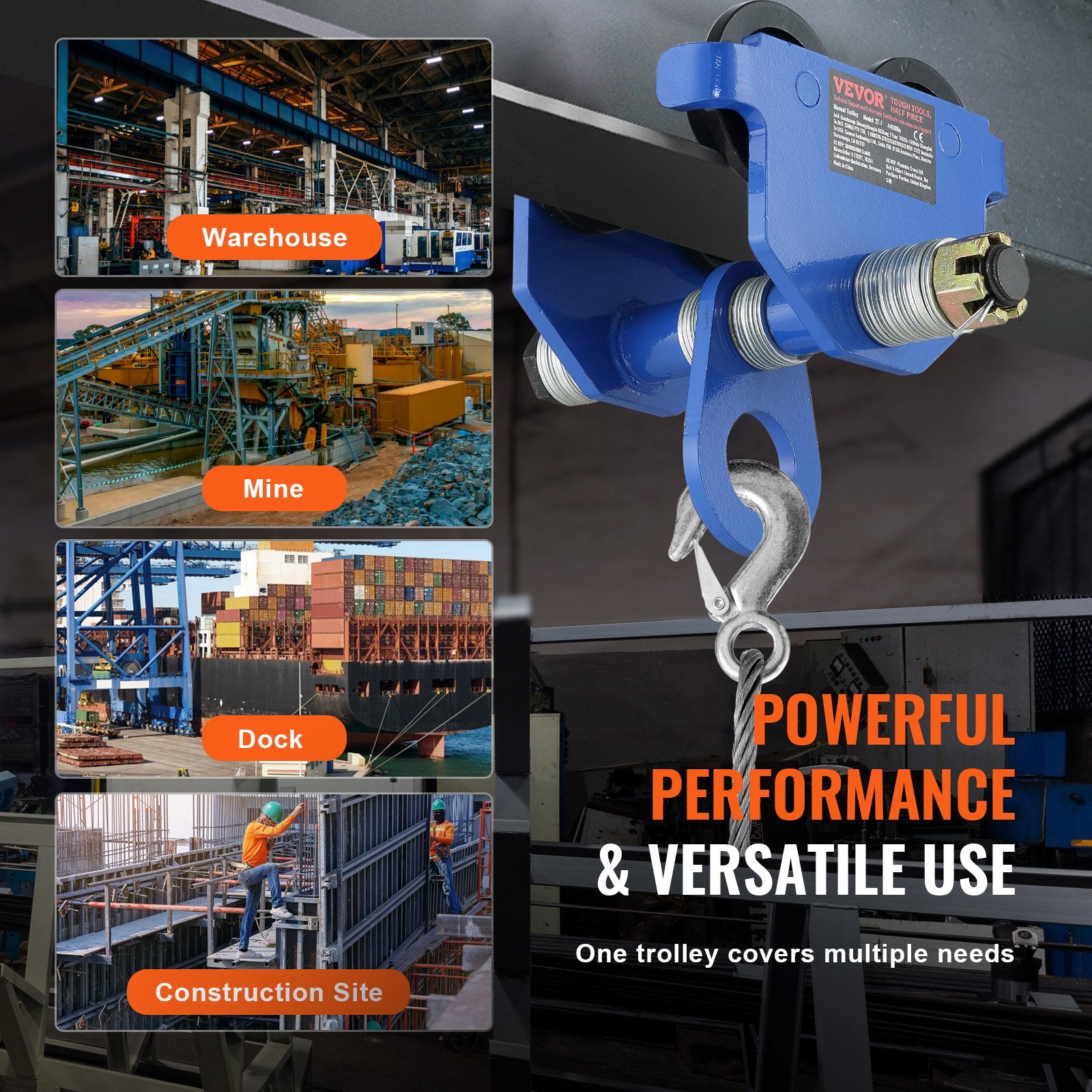Table Lamps: VEVOR Manual Trolley, 2 Ton Load Capacity, Push Beam Trolley with Dual Wheels, Adjustable for I-Beam Flange Width 63.5 mm to 177.8 mm, Heavy Duty Alloy Steel Garage Hoist for Straight Curved I Beam