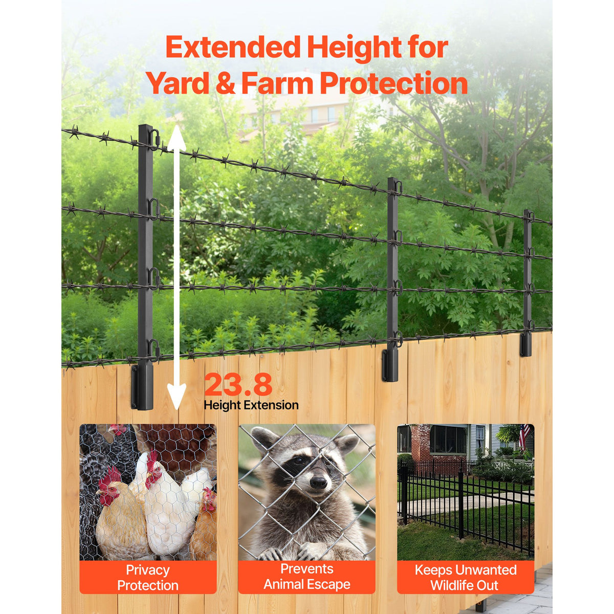 Fence Post Extender, 8 Packs 605 mm Barbed Wire Arm, Sturdy Steel Fence Height Extender, Flat or Surface Mounted Barbed Wire Extension Arms, Protect Privacy and Prevent Pets Jumping Off