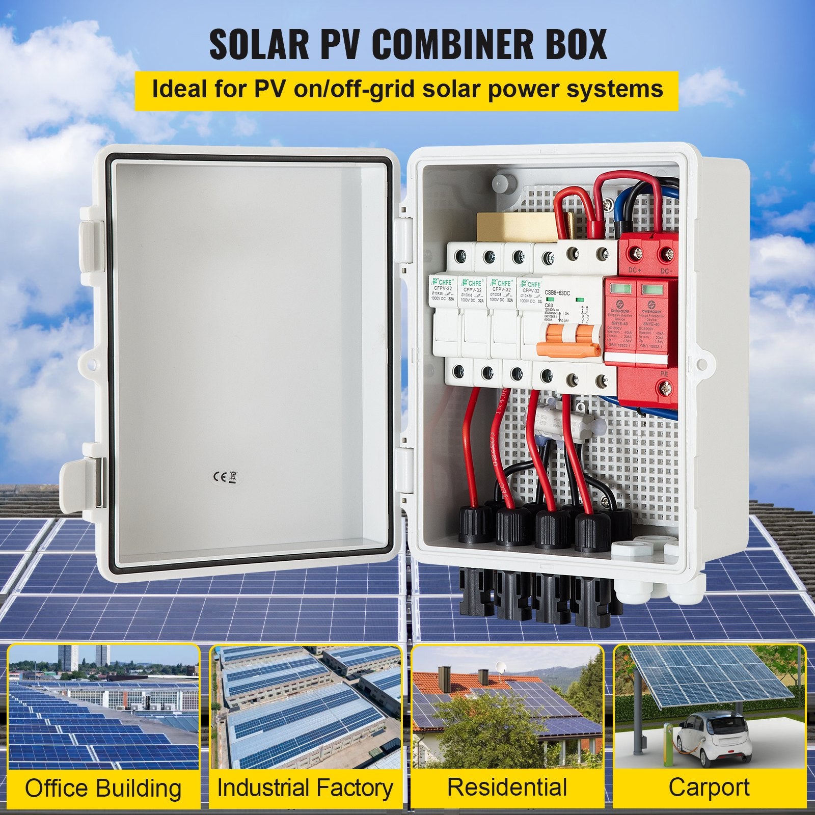 Automotive Repair & Speciality Tools: VEVOR PV Combiner Box, 4 String with 15A Rated Current Fuse, 63A Circuit Breaker, Lightning Arreste Connector for On/Off Grid Solar Panel System, IP65