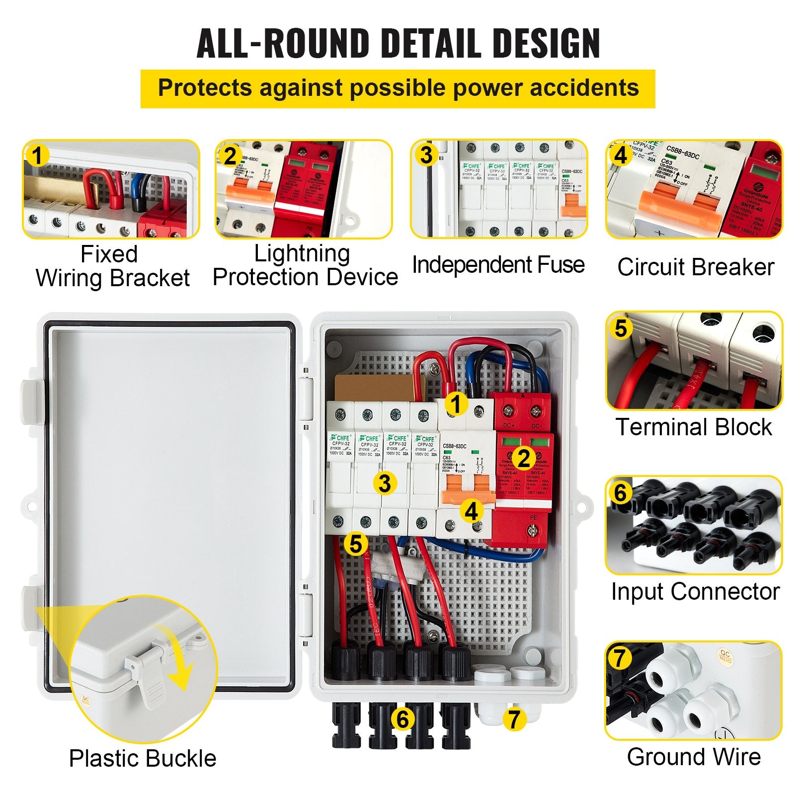 Automotive Repair & Speciality Tools: VEVOR PV Combiner Box, 4 String with 15A Rated Current Fuse, 63A Circuit Breaker, Lightning Arreste Connector for On/Off Grid Solar Panel System, IP65