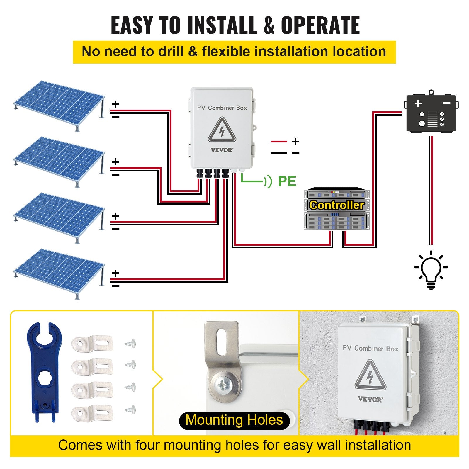 Automotive Repair & Speciality Tools: VEVOR PV Combiner Box, 4 String with 15A Rated Current Fuse, 63A Circuit Breaker, Lightning Arreste Connector for On/Off Grid Solar Panel System, IP65