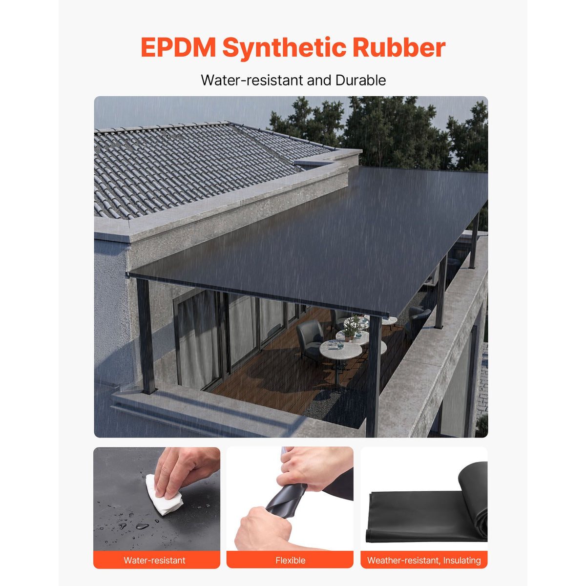 Roll Roofing, 4.57 x 6 m, 45 mil EPDM Rubber Roofing, Long Lifespan & Weather-resistant, Withstands Harsh Temperatures, Flexible & Easy Installation, Roof Underlayment for RVs, Roofs, Ponds