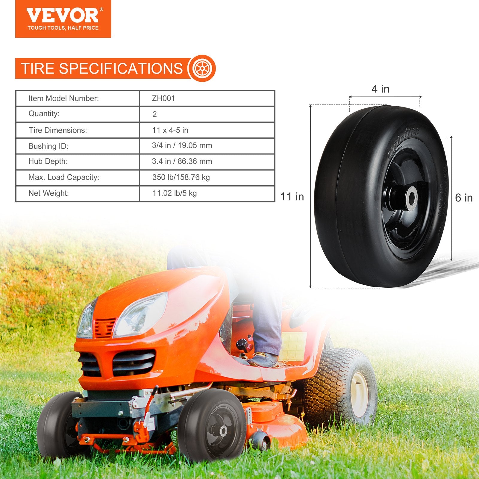 Lawn Mower Tires with Rim, 11x4-7" Tubeless Tractor Tires, 2-Pack Tire and Wheel Assemby, Flat-free PU Tire, 3.4" Centered Hub, 3/4" Bushing Size, 20 PCS Adapters for Riding Mowers Lawn Tractors