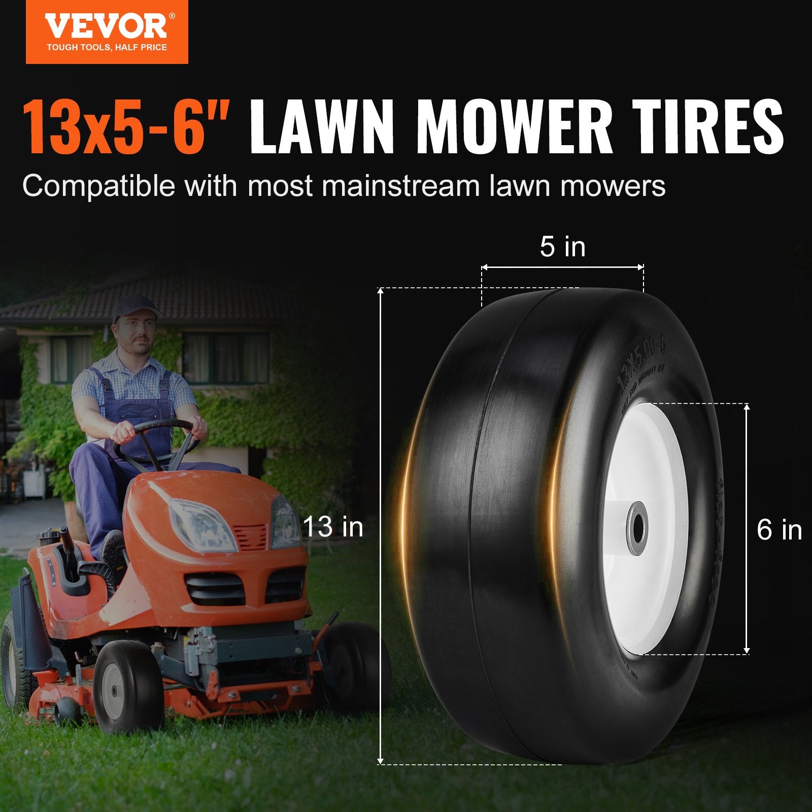 Spreaders & Wheelbarrows: VEVOR Lawn Mower Tires with Rim, 13x5-6" Tubeless Tractor Tires, 2-Pack Tire and Wheel Assembly, Flat-free PU Tires, 3.25"-5.9" Centered Hub, 3/4" Bushing Size, 20 PCS Adapter for Lawn Mowers Tractors