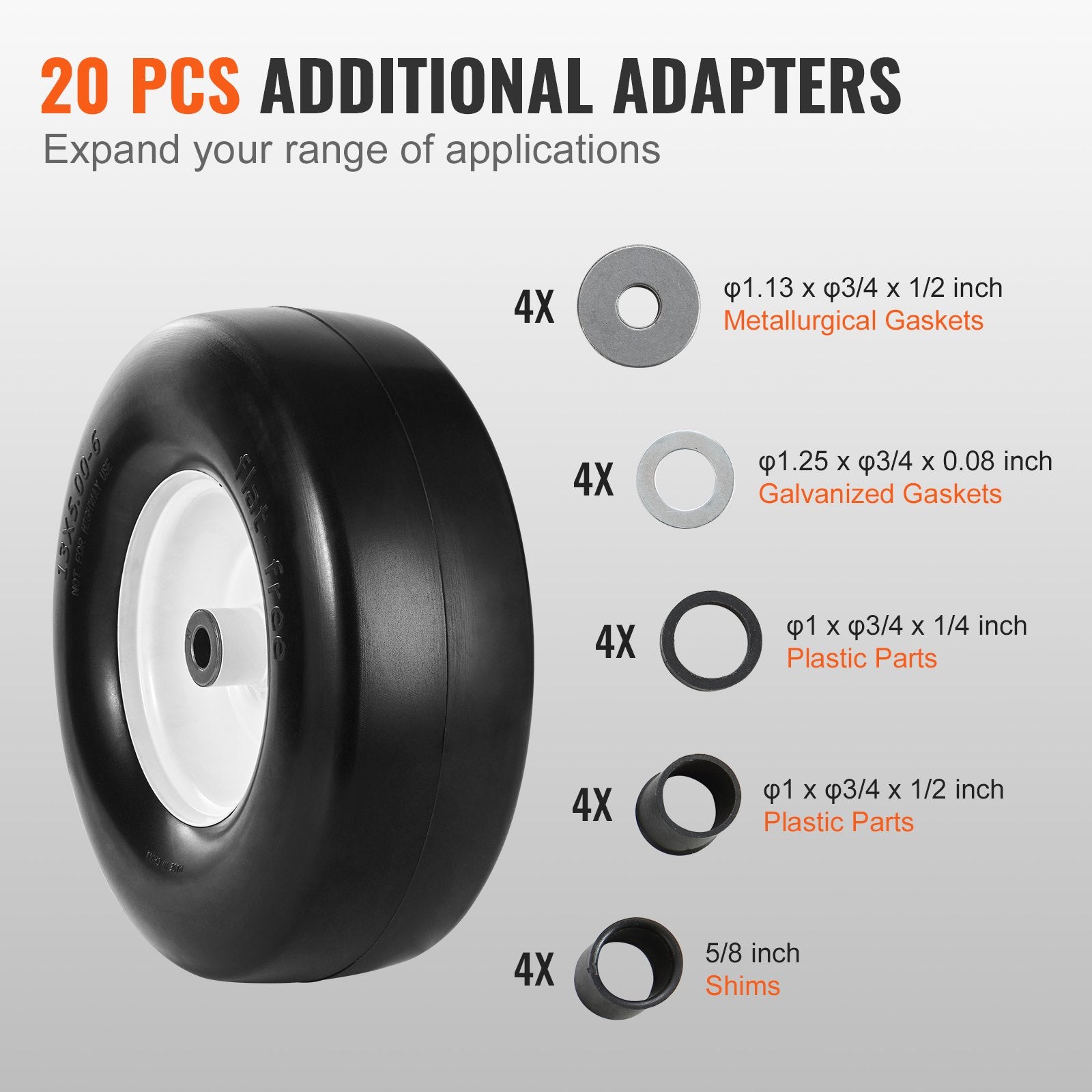 Spreaders & Wheelbarrows: VEVOR Lawn Mower Tires with Rim, 13x5-6" Tubeless Tractor Tires, 2-Pack Tire and Wheel Assembly, Flat-free PU Tires, 3.25"-5.9" Centered Hub, 3/4" Bushing Size, 20 PCS Adapter for Lawn Mowers Tractors