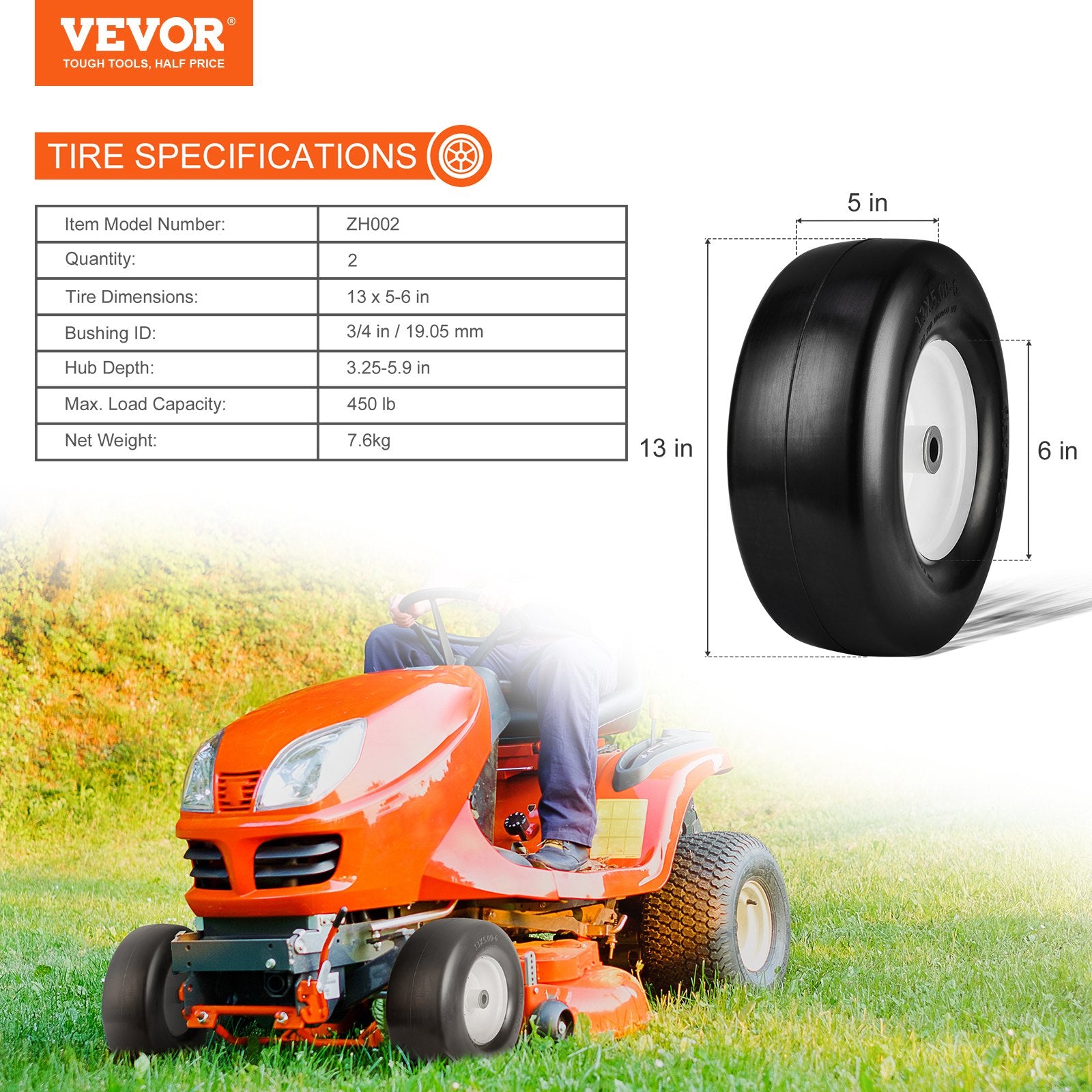 Spreaders & Wheelbarrows: VEVOR Lawn Mower Tires with Rim, 13x5-6" Tubeless Tractor Tires, 2-Pack Tire and Wheel Assembly, Flat-free PU Tires, 3.25"-5.9" Centered Hub, 3/4" Bushing Size, 20 PCS Adapter for Lawn Mowers Tractors