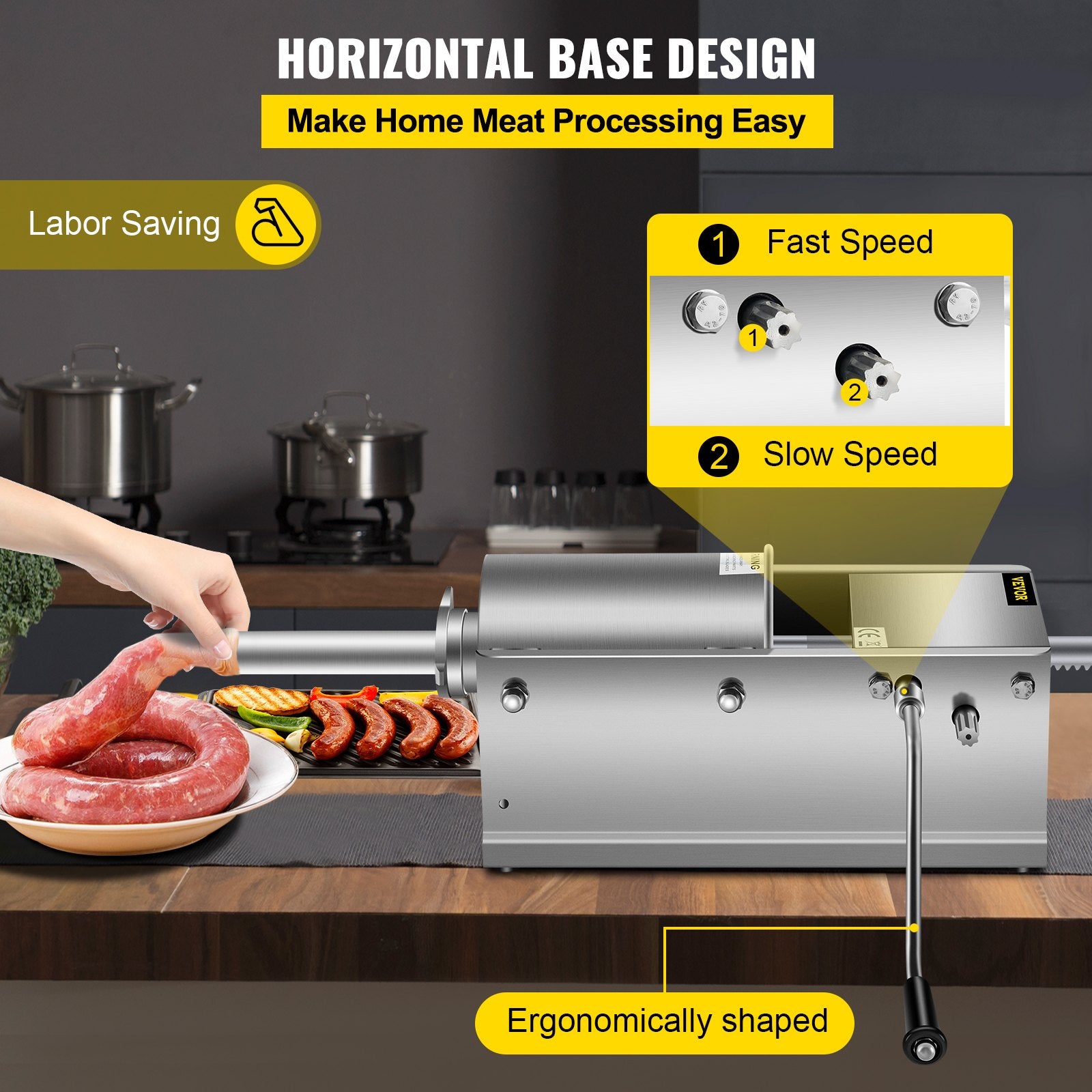 Manual Sausage Stuffer, 3 L / 7 LBS Horizontal Sausage Machine, Dual-Speed Meat Stuffer, Made of Food-Grade 304 Stainless Steel, Includes 5 Stuffing Tubes, for Home Kitchen Restaurant Commercial