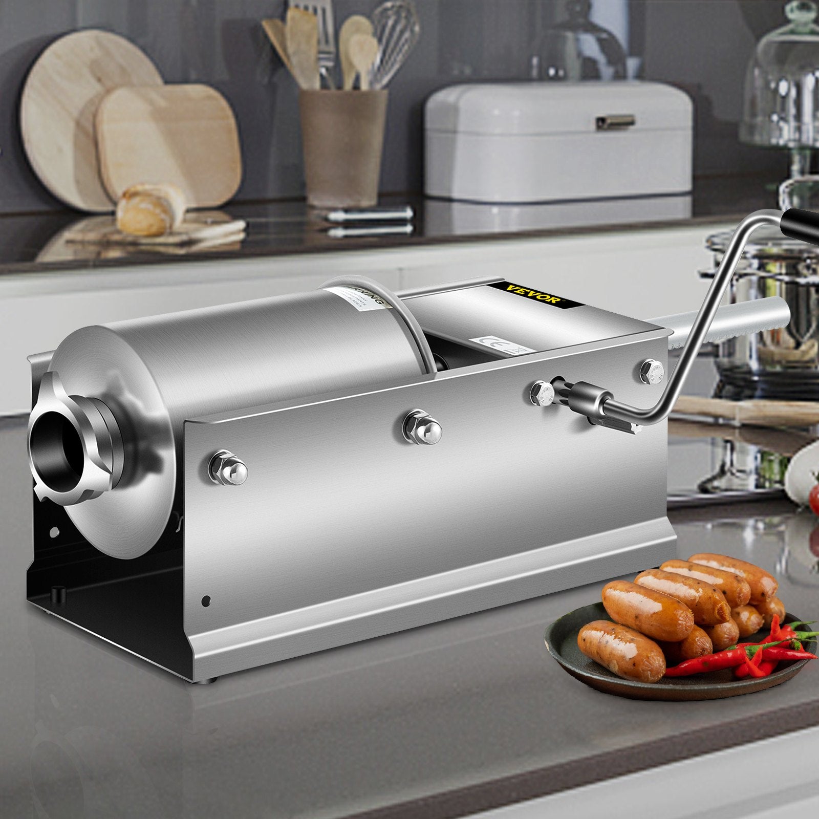 Manual Sausage Stuffer, 3 L / 7 LBS Horizontal Sausage Machine, Dual-Speed Meat Stuffer, Made of Food-Grade 304 Stainless Steel, Includes 5 Stuffing Tubes, for Home Kitchen Restaurant Commercial