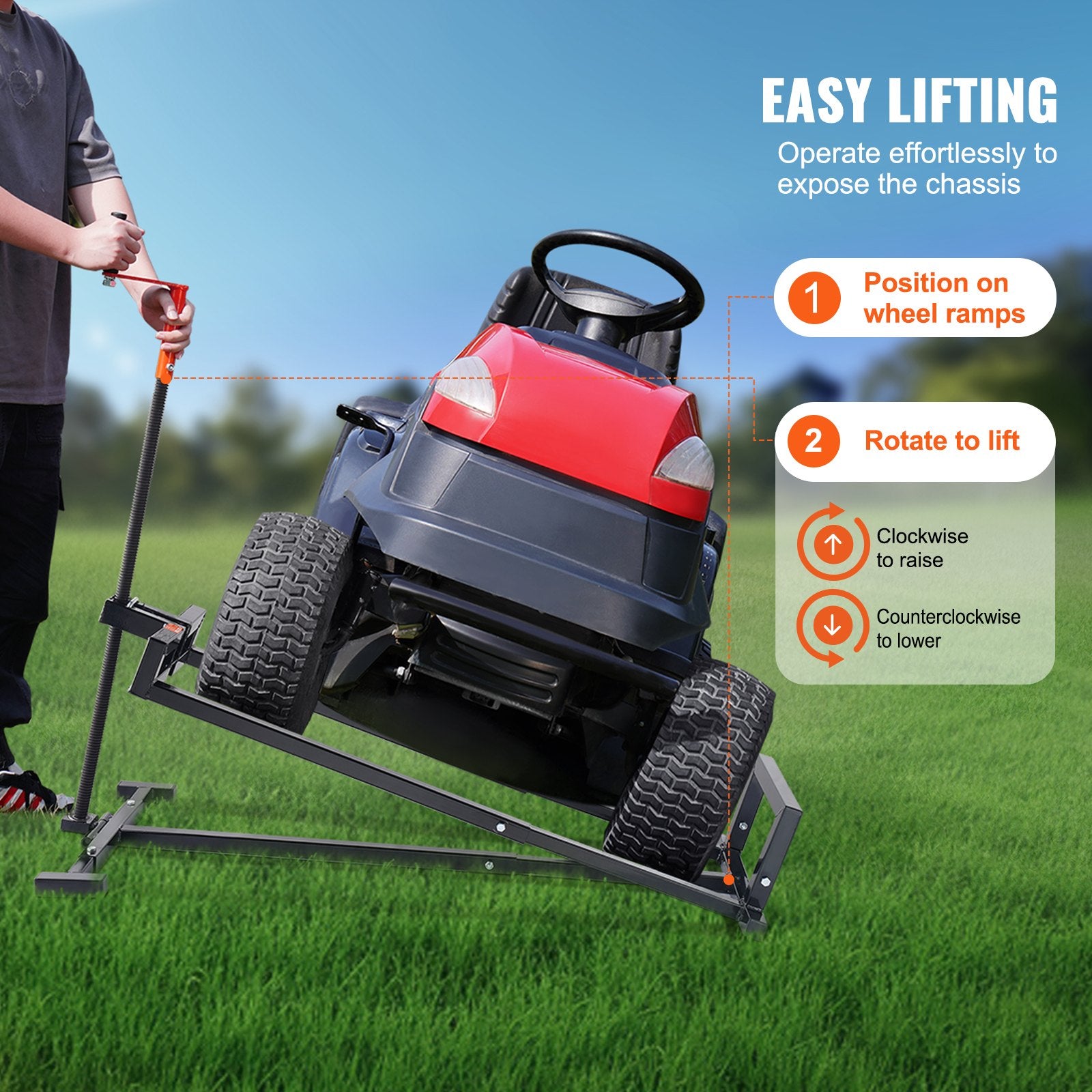 Lawn Rollers: VEVOR Ride on Lawn Mower Lift Jack, 880 Lbs Weight Capacity, Telescopic Maintenance Jack with Crank Handle & Power Tool Handle, Foldable Lawn Tractor Lifter for Lawn Mowers and Garden Tractors, Black