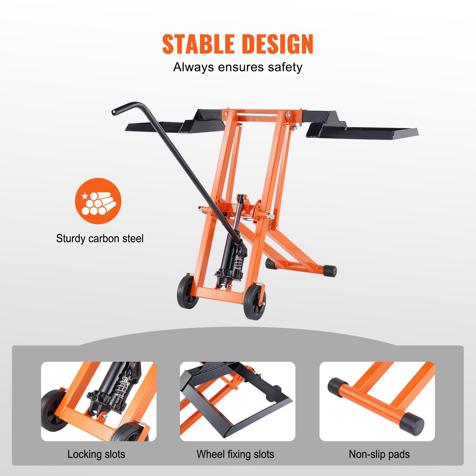 Lawn Mower Lift with Hydraulic Jack, 500 Lbs Weight Capacity, Solid Carbon Steel Lawn Mower Lift, Adjustable Movable Lawn Lifter for Riding Tractors and Zero Turn Lawn Mowers, Orange