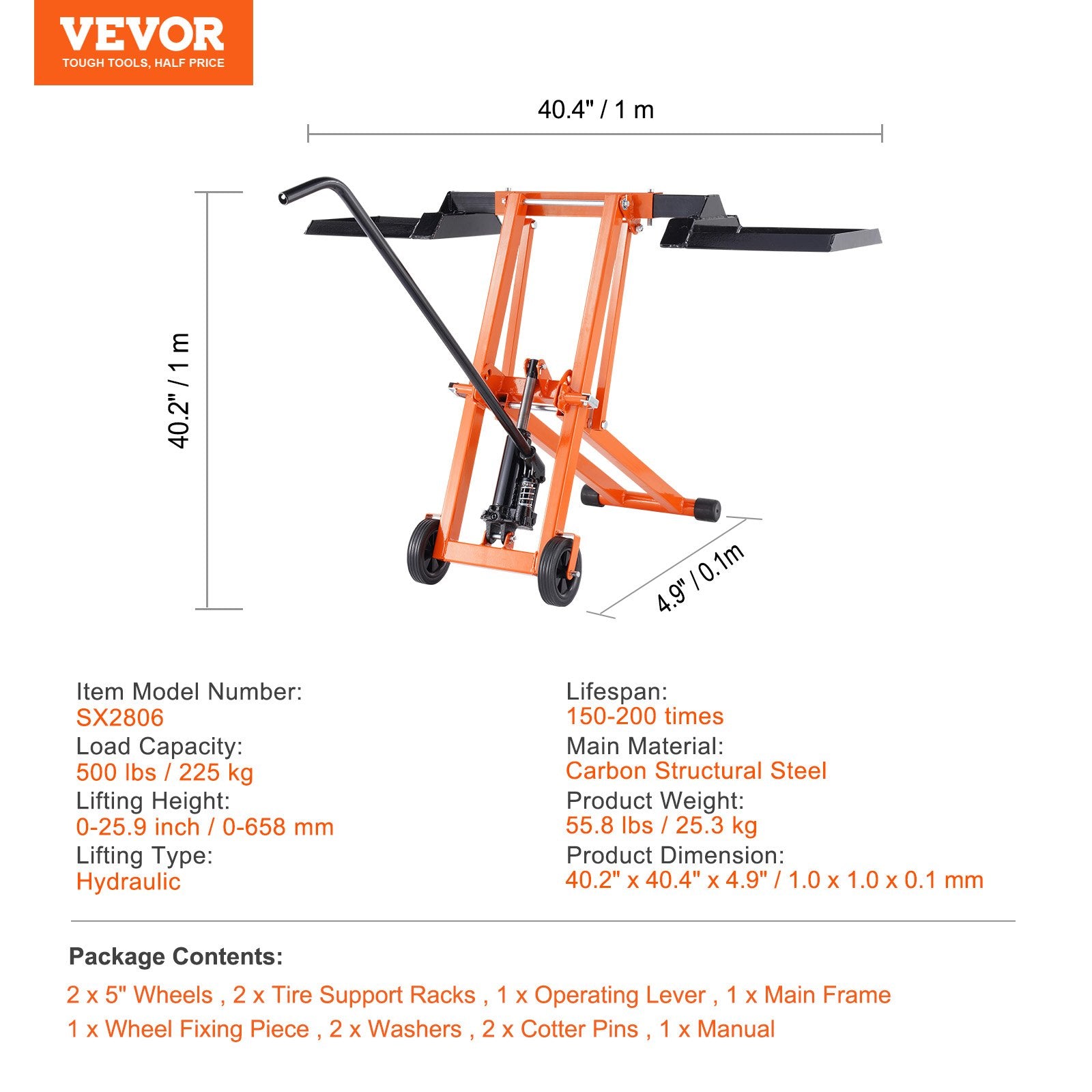 Lawn Mower Lift with Hydraulic Jack, 500 Lbs Weight Capacity, Solid Carbon Steel Lawn Mower Lift, Adjustable Movable Lawn Lifter for Riding Tractors and Zero Turn Lawn Mowers, Orange