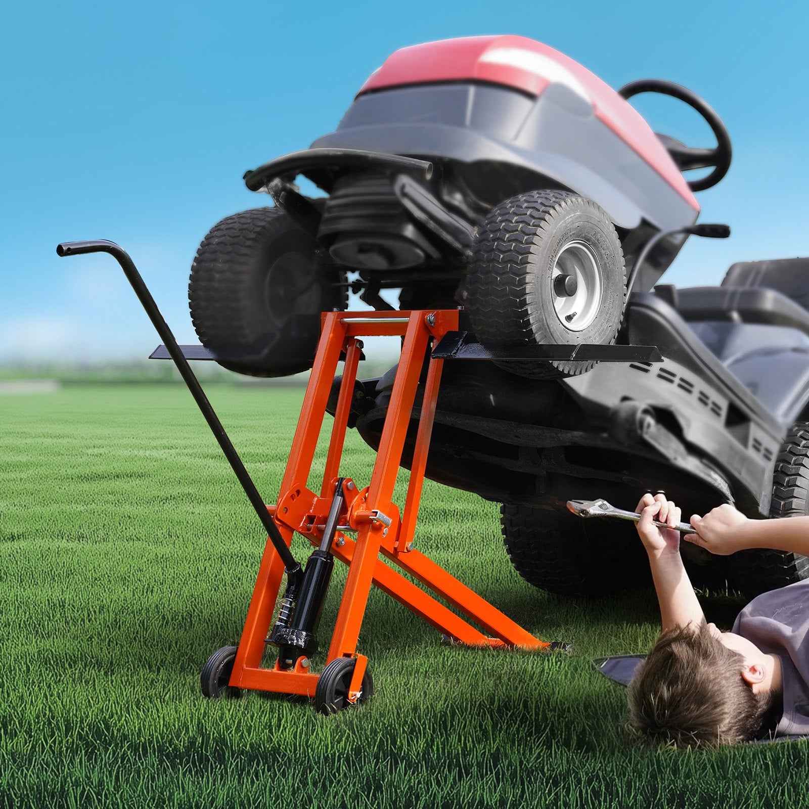 Lawn Mower Lift with Hydraulic Jack, 500 Lbs Weight Capacity, Solid Carbon Steel Lawn Mower Lift, Adjustable Movable Lawn Lifter for Riding Tractors and Zero Turn Lawn Mowers, Orange