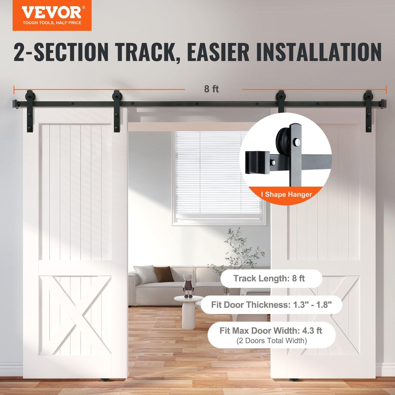 Clothing & Wardrobe Storage: VEVOR 8FT Sliding Barn Door Hardware Closet Track Kit for Double Doors I Hanger