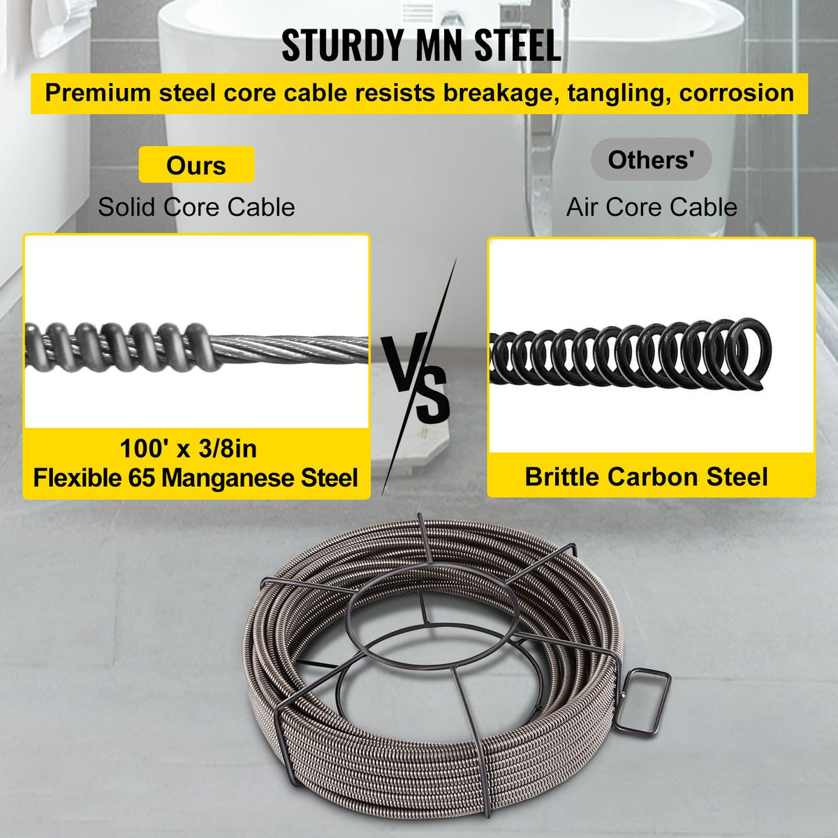 Drain Cleaning Cable 100 Feet x 3/8 Inch Solid Core Cable Sewer Cable Drain Auger Cable Cleaner Snake Clog Pipe Drain Cleaning Cable Sewer Drain Auger Snake Pipe