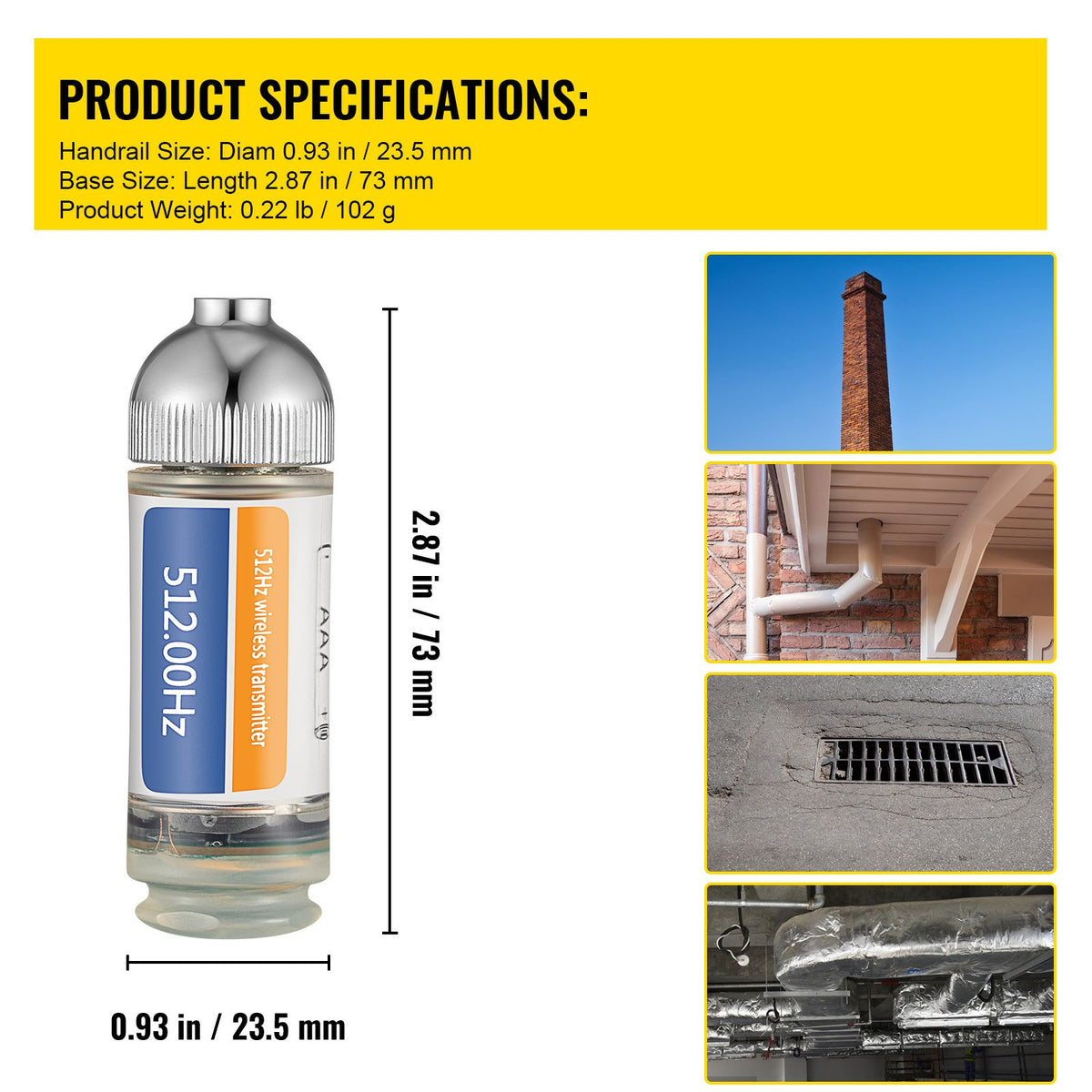 Sonde Locator, 512 Hertz Frequency, Rigid Drain Locator with 8/5" and 1/4-20" Connectors for Locating & Detecting Small Sewer & Pipelines, Up to 25' Depth Water Line, Flashing for Transmitting