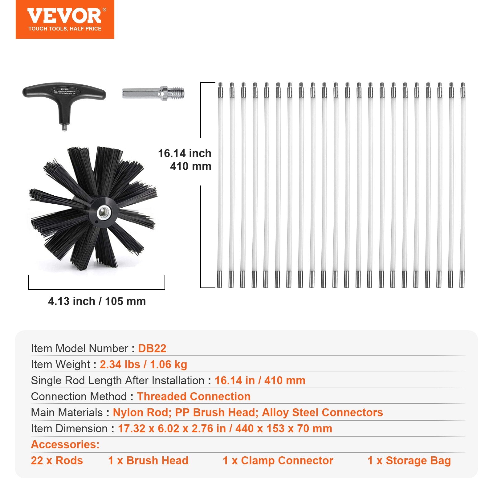 Commercial Cleaning Equipment: VEVOR 914.4CM Dryer Vent Cleaner Kit, 22 Pieces Duct Cleaning Brush, Reinforced Nylon Dryer Vent Brush, Dryer Cleaning Tools Lint Remover with Flexible Lint Trap Brush, Clamp Connectors